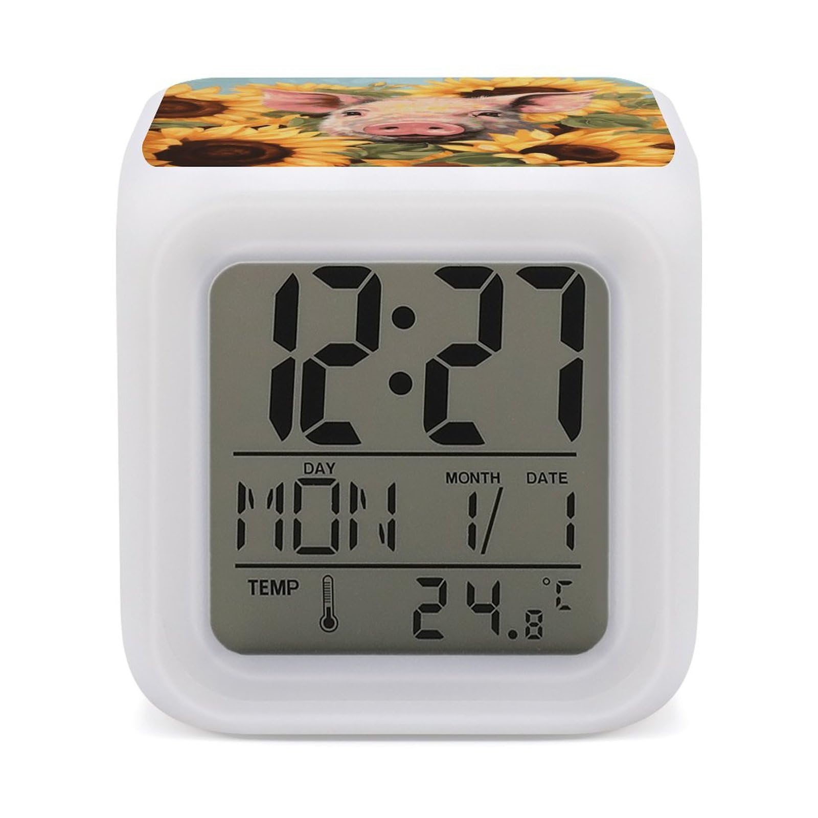 FekiLoot Smiling_77725070 Alarm Clock for Heavy Sleepers Small Digital Alarm Clock with Date Temperature Wake Up Digital Clocks with 7 Colors Changing Desk Clocks for Bedroom Bedside Nightstand