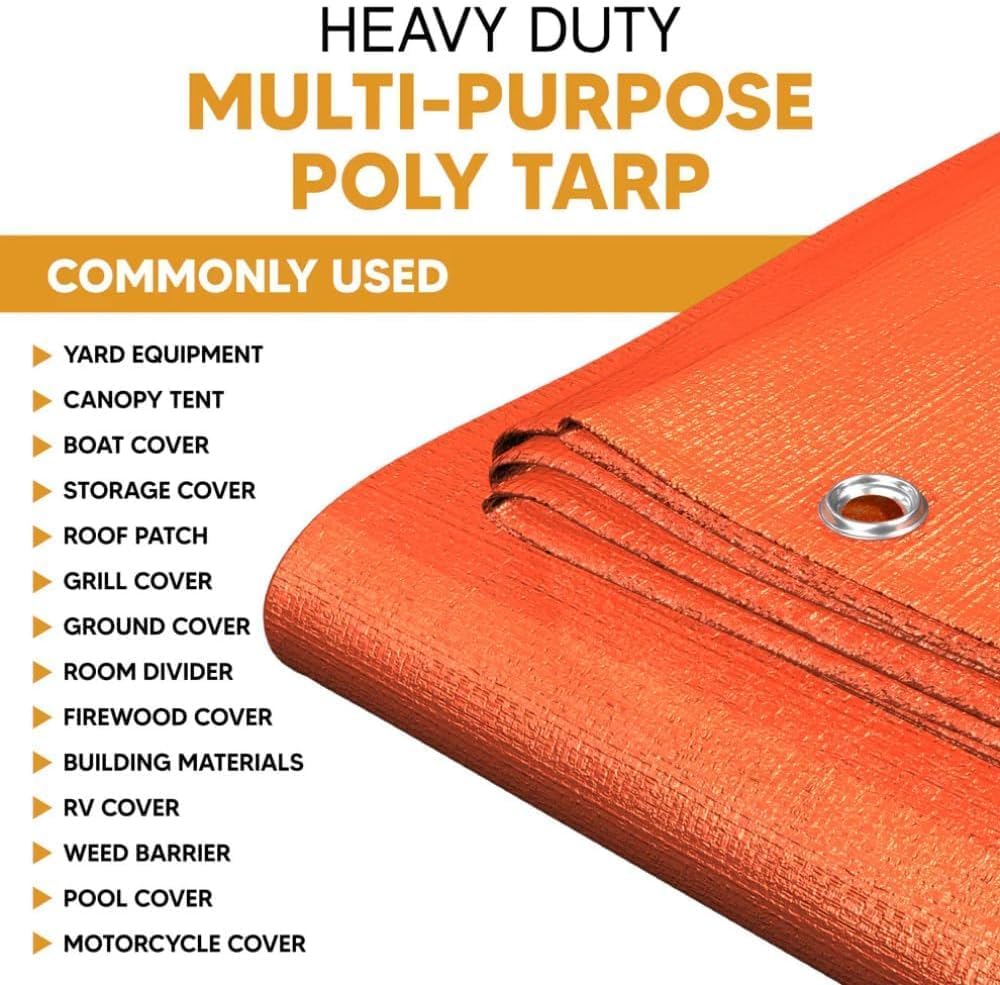 Heavy Duty Waterproof Tarp – 12 Mil Thick, UV Resistant, Tear & Fade Proof Poly Clear Tarp with Reinforced Grommets, Multipurpose Cover for Roof, Camping & Pool (Orange 12mil, 10' X 10')
