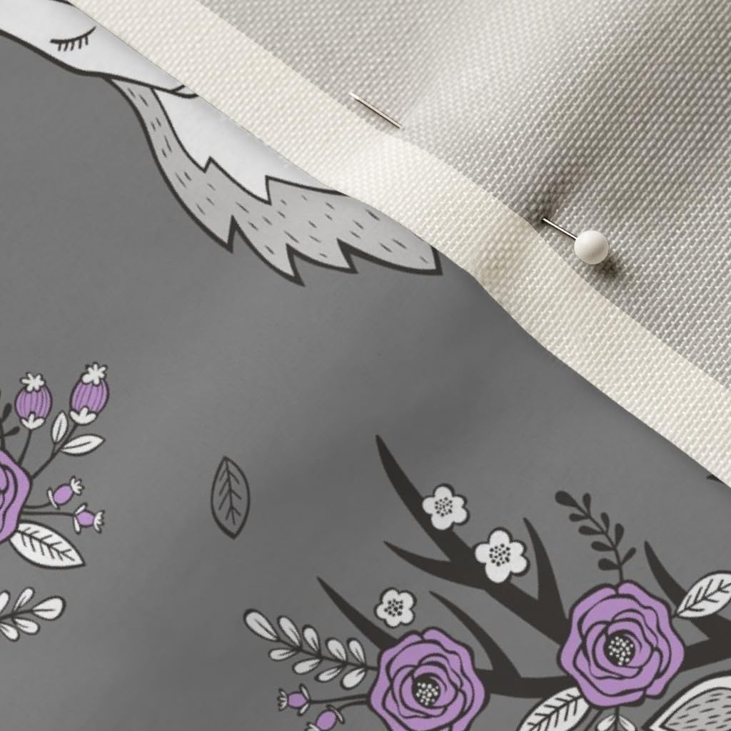 Spoonflower Fabric - Deer Head Purple Flowers Floral Dark Grey Roses Woodland Fall Antler Printed on Upholstery Velvet Fabric Fat Quarter - Upholstery Home Decor Bottomweight Apparel