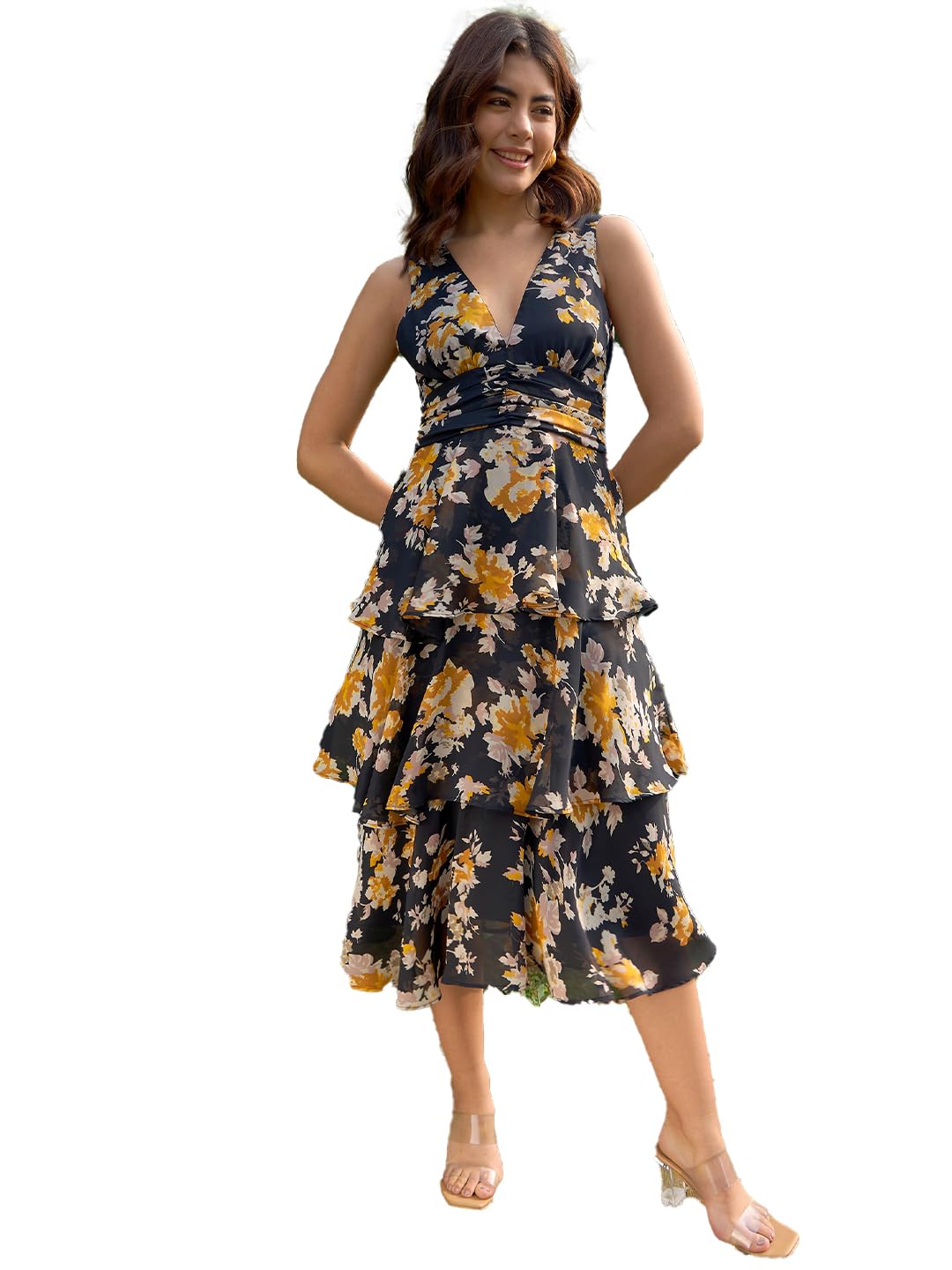 Rare Rabbit Womens Casual Midi Fit and Flare Styles Black Dress in black