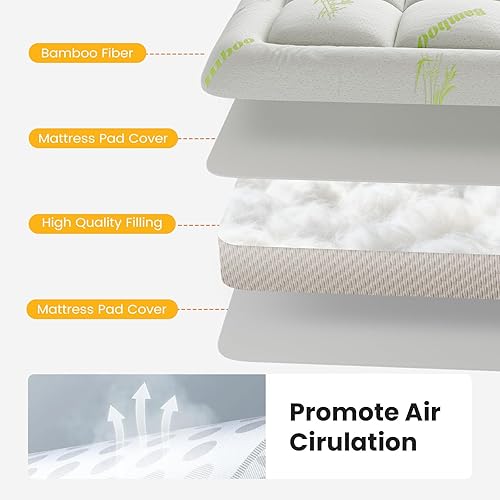 Miniatura 6 de Cubrecolchón King de viscosa derivada del bambú, almohadilla gruesa con bolsillos elásticos, cubrecolchón suave para aliviar el dolor de espalda