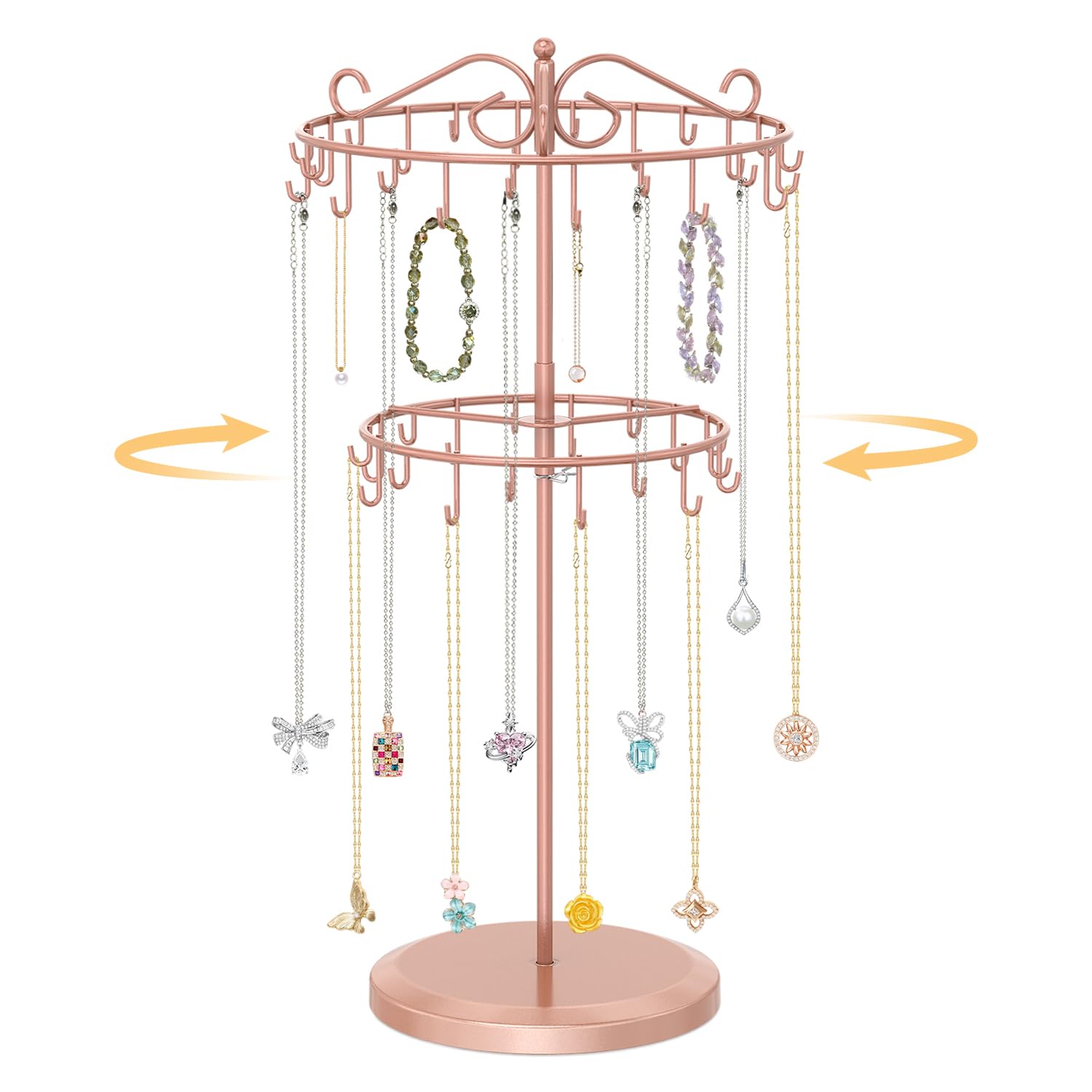 EsLuker.ly Necklace Holder Organizer Rotating Display Stand, 2 Tier Rose Gold