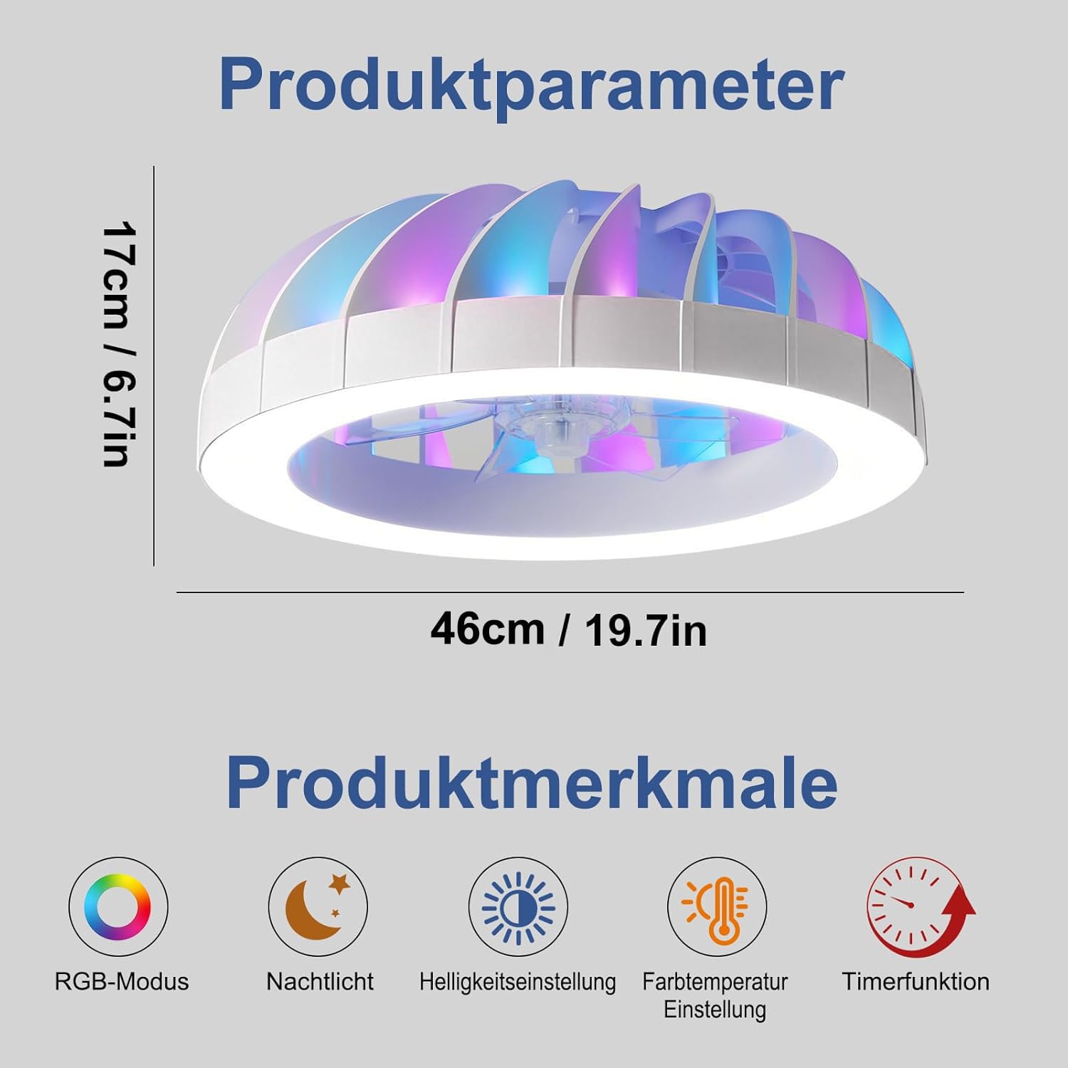 Deckenventilator mit Beleuchtung Leiser, 46CM RGB Deckenventilator mit licht und Fernbedienung, Dimmbar Deckenlampe mit Ventilator für Schlafzimmer, Wohnzimmer