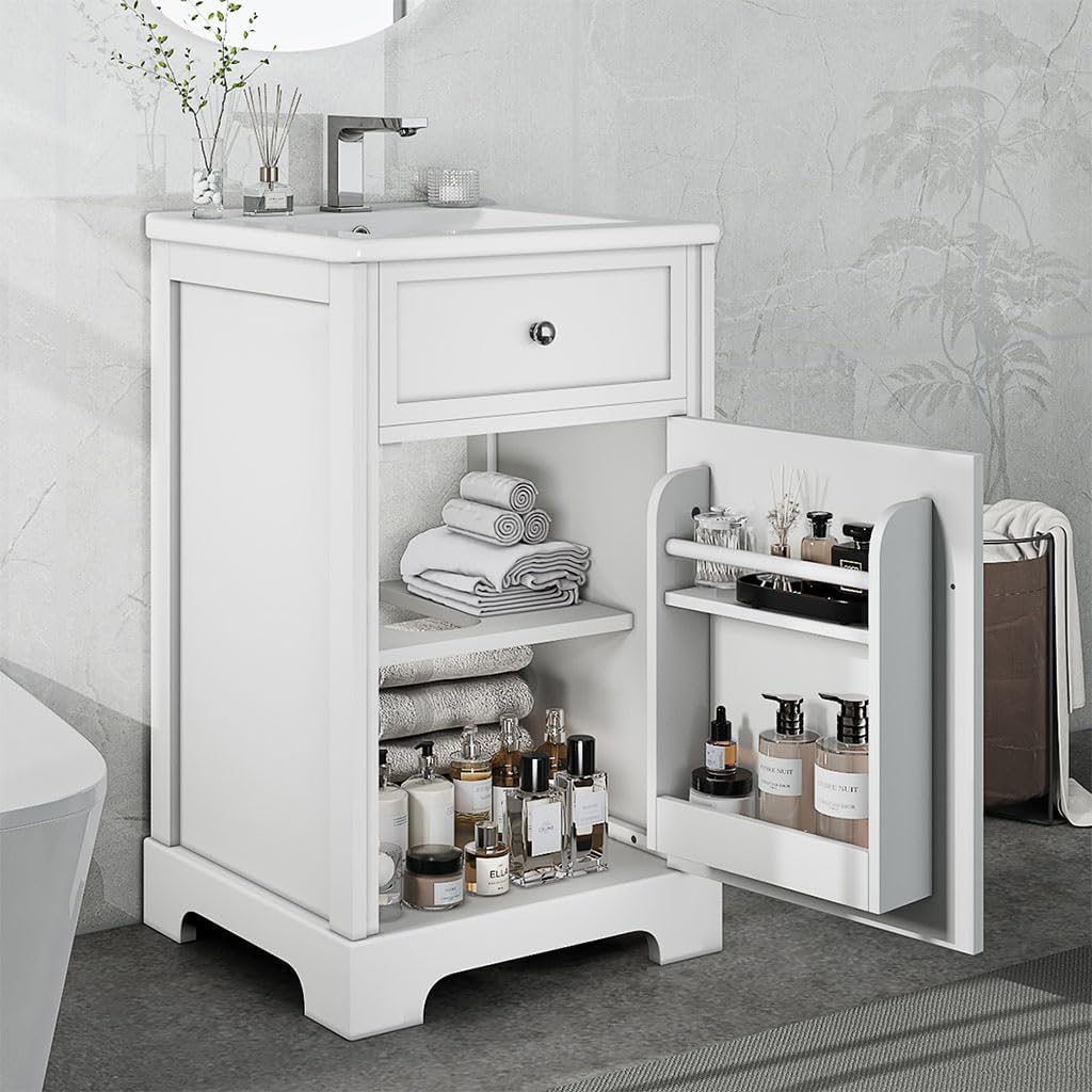 20" Bathroom Vanity Cabinet, Modern Freestanding Bathroom White Small Bathroom Storage Cabinet with Sink Combo and Adjustable Shelve for Small Space (20"× 18"×34")