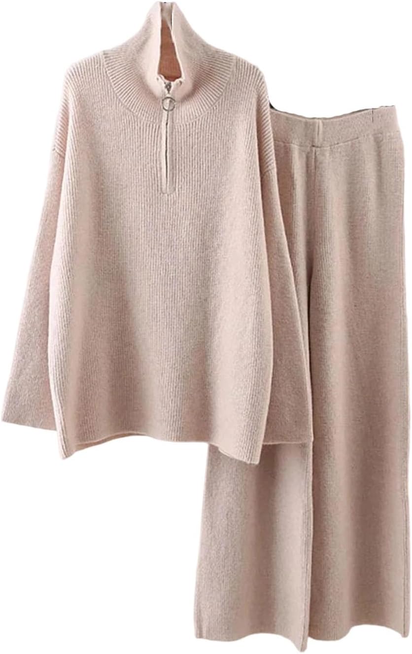 Women Knitted Turtleneck Loose Half Zipper Sweater High Waist Wide Leg Pants Suit