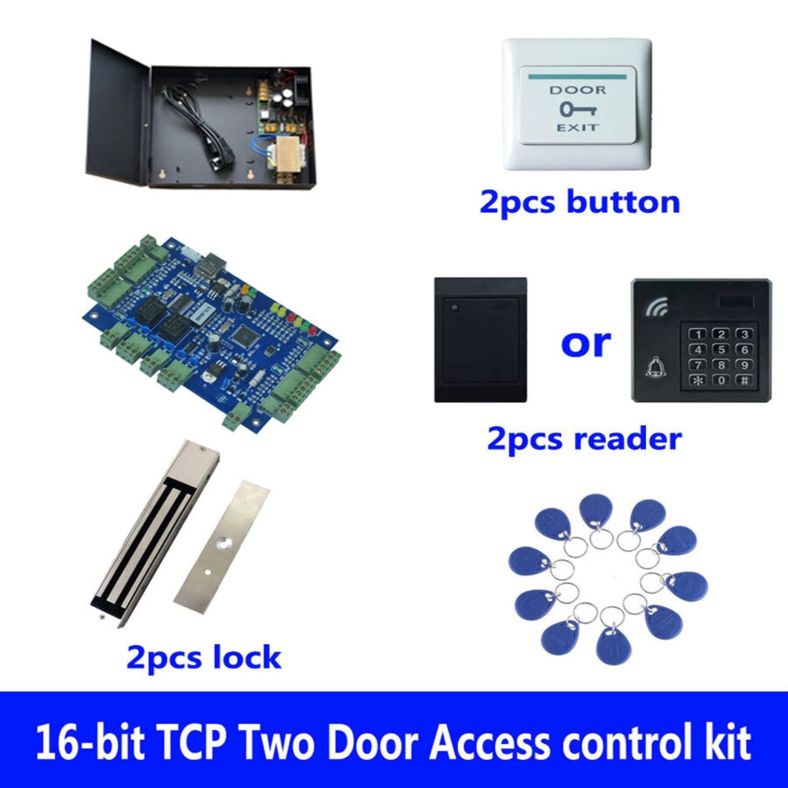 Kit pour Portail RFID Kit d'accès de contrôle, TCP Deux portes + Powercase + 280 kg serrure magnétique + ID Lecteur + Bouton sortie + 10 IDENTIFIANT Mots-clés, sn: kit-B206(Set 1 without keypad)
