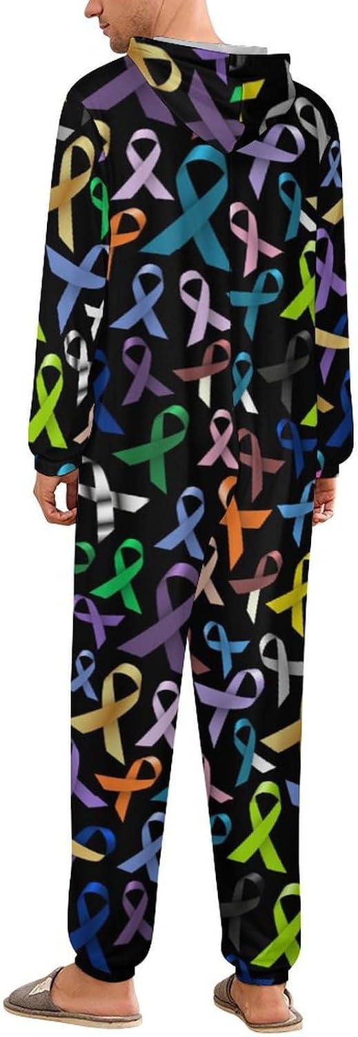 Cancer Awareness Color Ribbons Adult Pajamas Onesie with Hood Pocket Jumpsuits One Piece Sleepwear