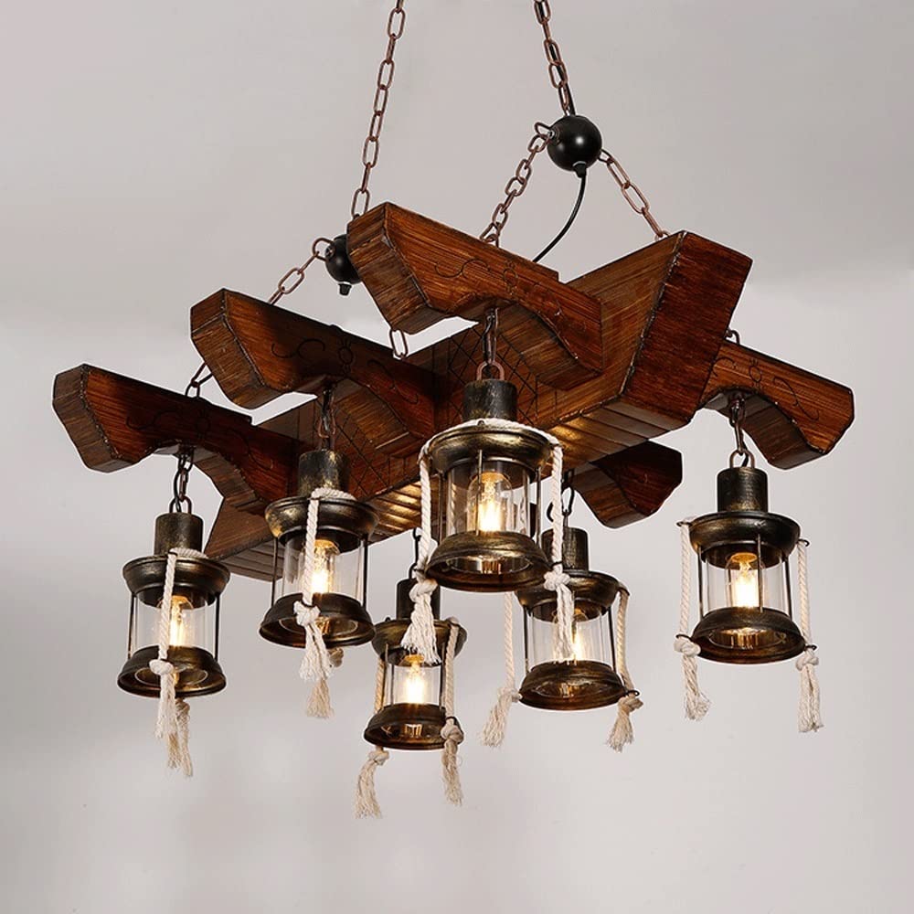 6-głowicowa lampa wisząca z rustykalnego drewna