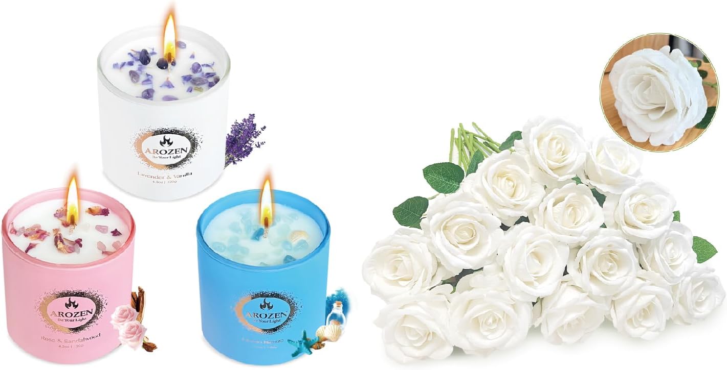 3 Pack Candles and 15Pcs Artificial Roses for Home Scented, Crystal Christmas Scented Candles Gift Set and Artificial Silk Fake White Rose Flowers