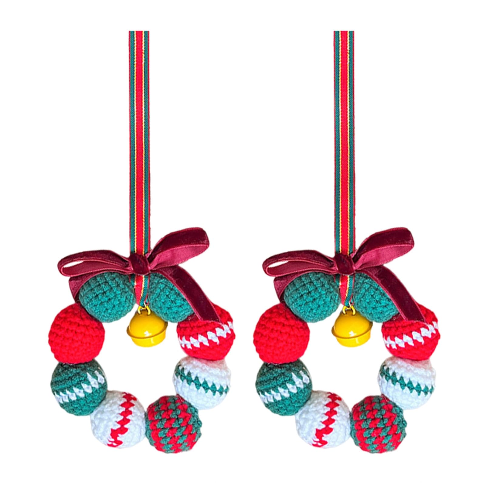 Hand Knitted Christmas Wreath Ornament with Mini Jingle Bell for Winter Holiday Home Window Xmas Tree Decor Small Yarn Bauble 8cm 2pcs