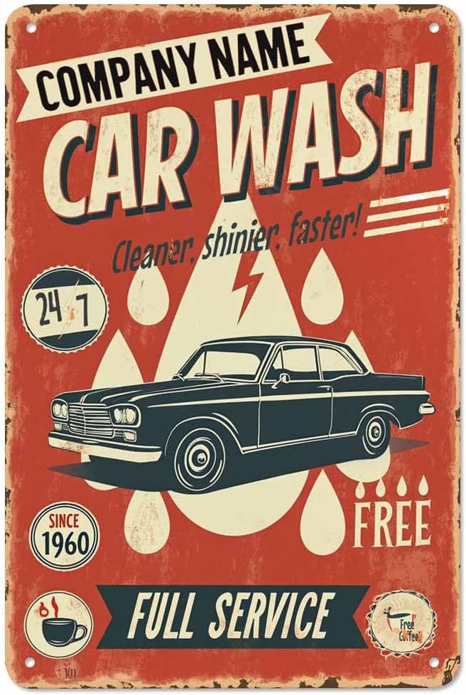 AOYEGO Carwash Tin Sign,Auto Cleaner Shinier Faster Coffee Vintage Metal Tin Signs for Cafes Bars Pubs Shop Wall Decorative Funny Retro Signs for Men Women 8x12 Inch