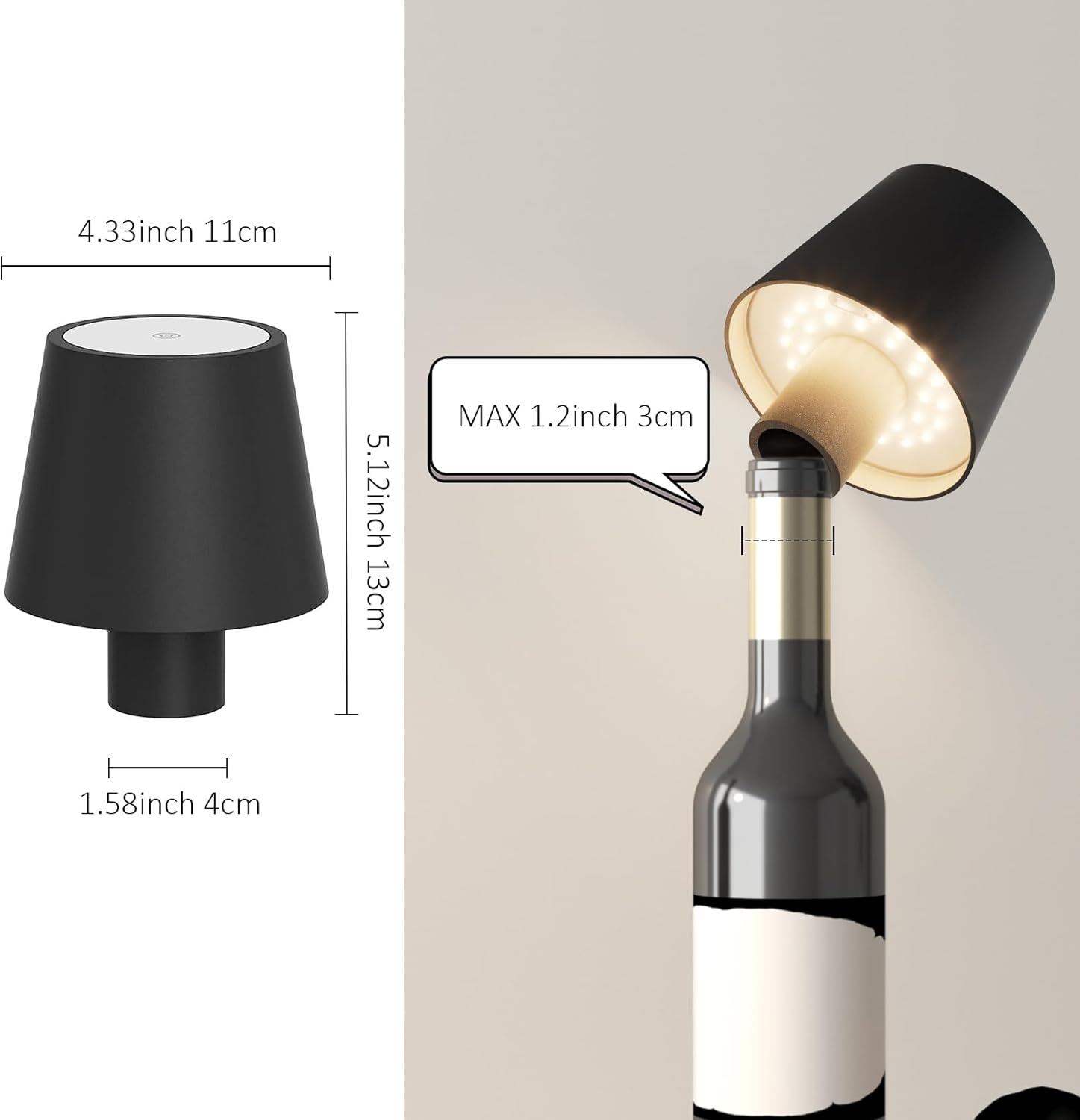 2 Pack LED Bottle Lamp 5500mAh Battery Portable Table Lamp Cordless IP54 Waterproof Wine Bottle Light for Outdoor Dining Bedroom Black