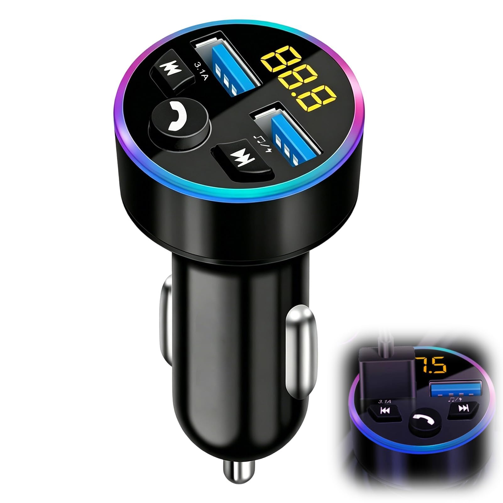 Bluetooth Coche, Transmisor FM para Coche, Adaptador Bluetooth 5.0 | Adaptador de Audio - Reproductor MP3, Transmisor FM de Metal, con Doble Cargador USB para Teléfono Móvil, Toma de Encendedor