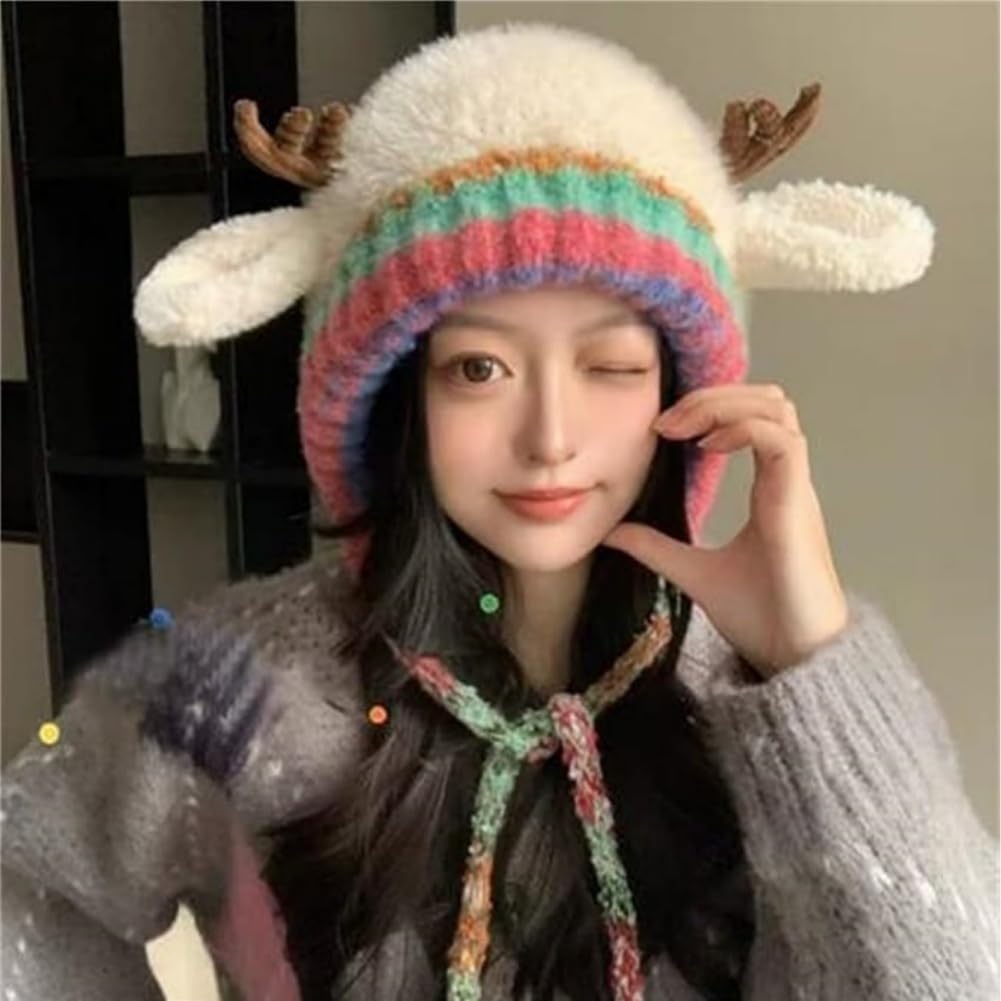 Generisch Cappello creativo 2 in 1 con corna, cappello natalizio lavorato a maglia con renna, caldo, pieghevole, con paraorecchie in peluche