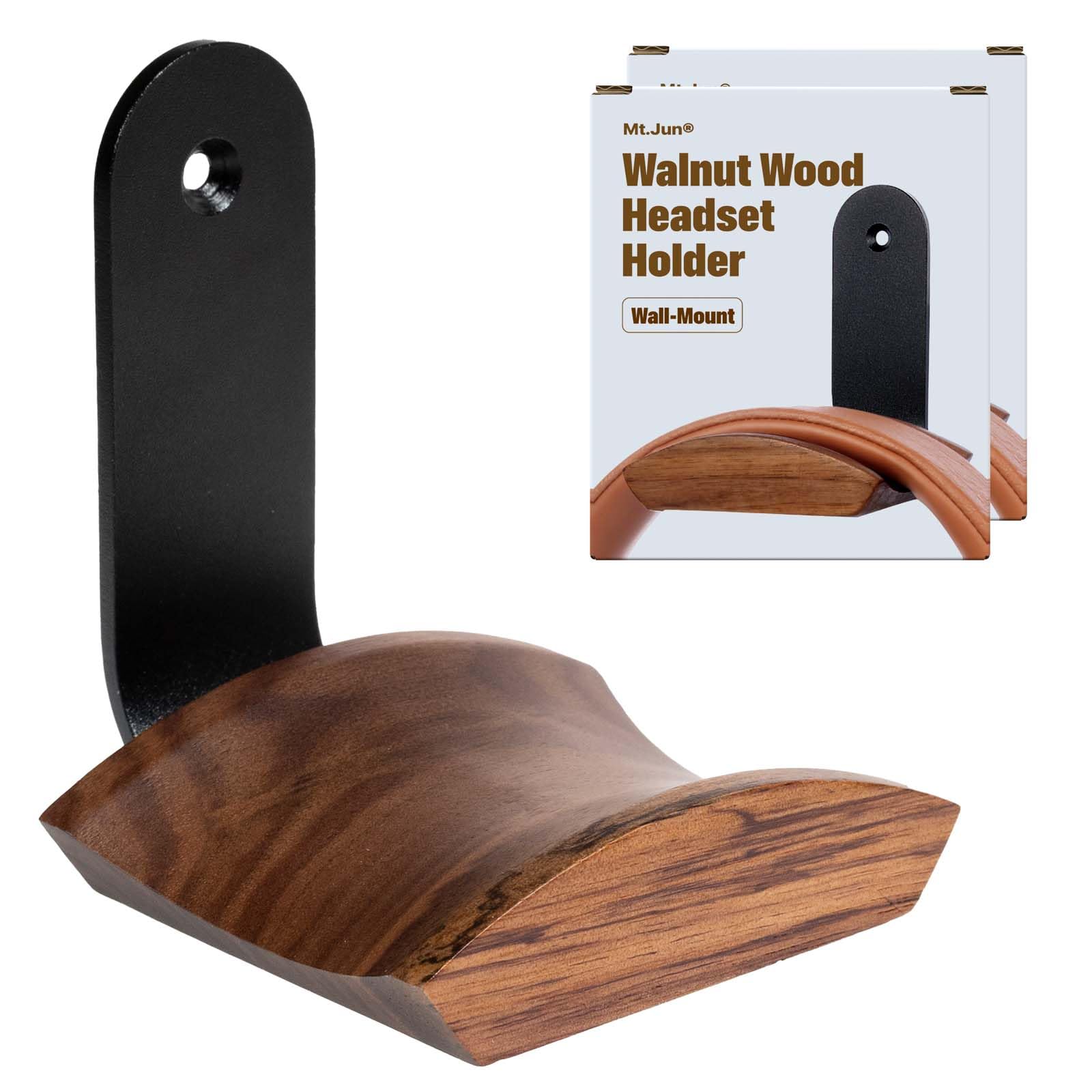 Soporte de pared para auriculares de madera, con cinta adhesiva VHB y tornillo, soporta 10 libras (madera negra y nogal, 2 unidades)