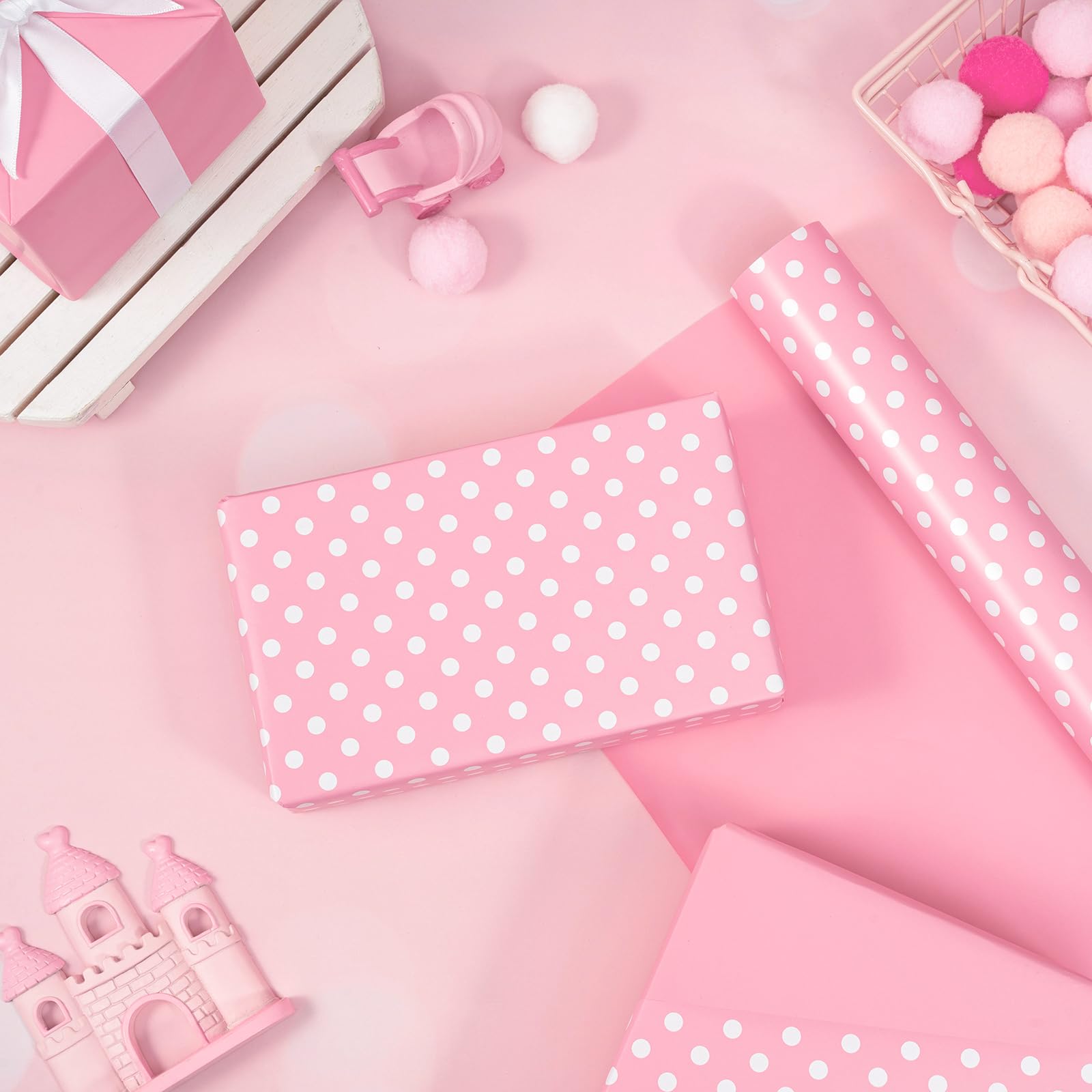 WRAPAHOLIC Dwustronny papier do pakowania - mini rolka - 43 cm x 90 cm - różowy wzór w kropki na urodziny, wakacje, ślub, baby shower