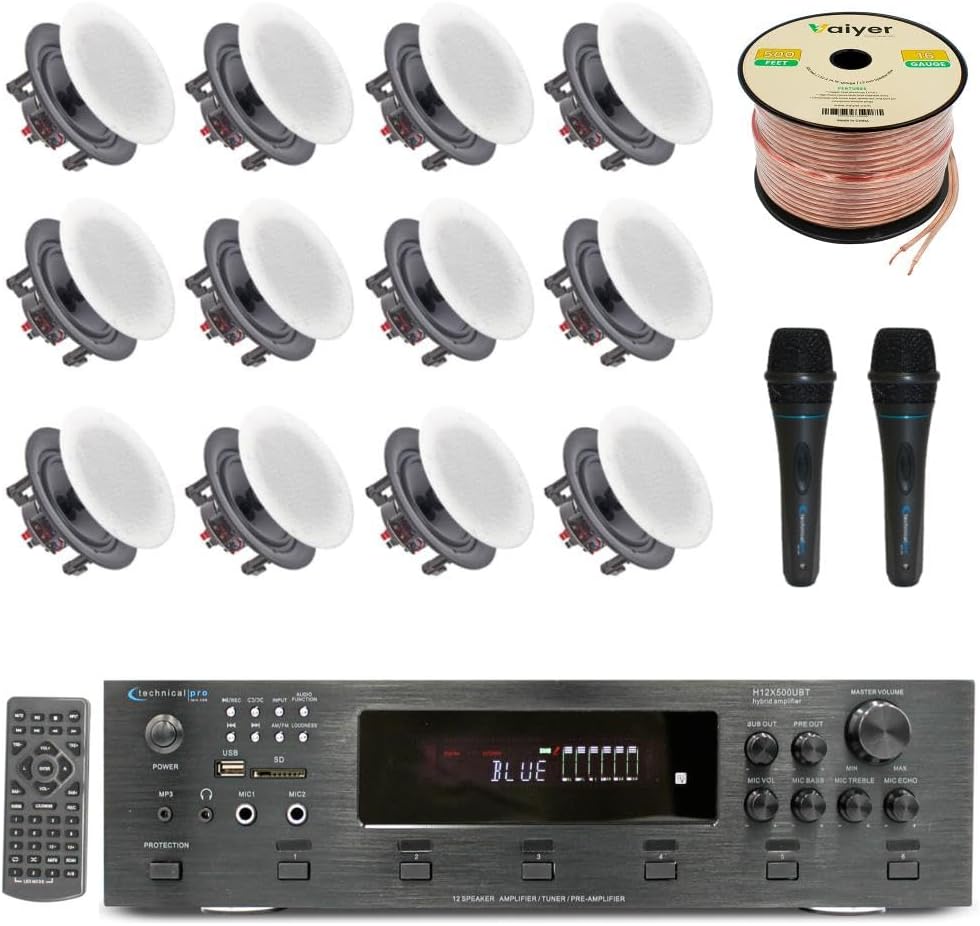 Home Theater Sound System Kit -6 Ch 6000 W Bluetooth Amplifier w/ 12 Qty of 6.5″ Frameless in-Wall in-Ceiling Speakers 200 W Each, 2 Qty of Wired Mic, 500 ft Speaker Wire & Remote by Technical Pro