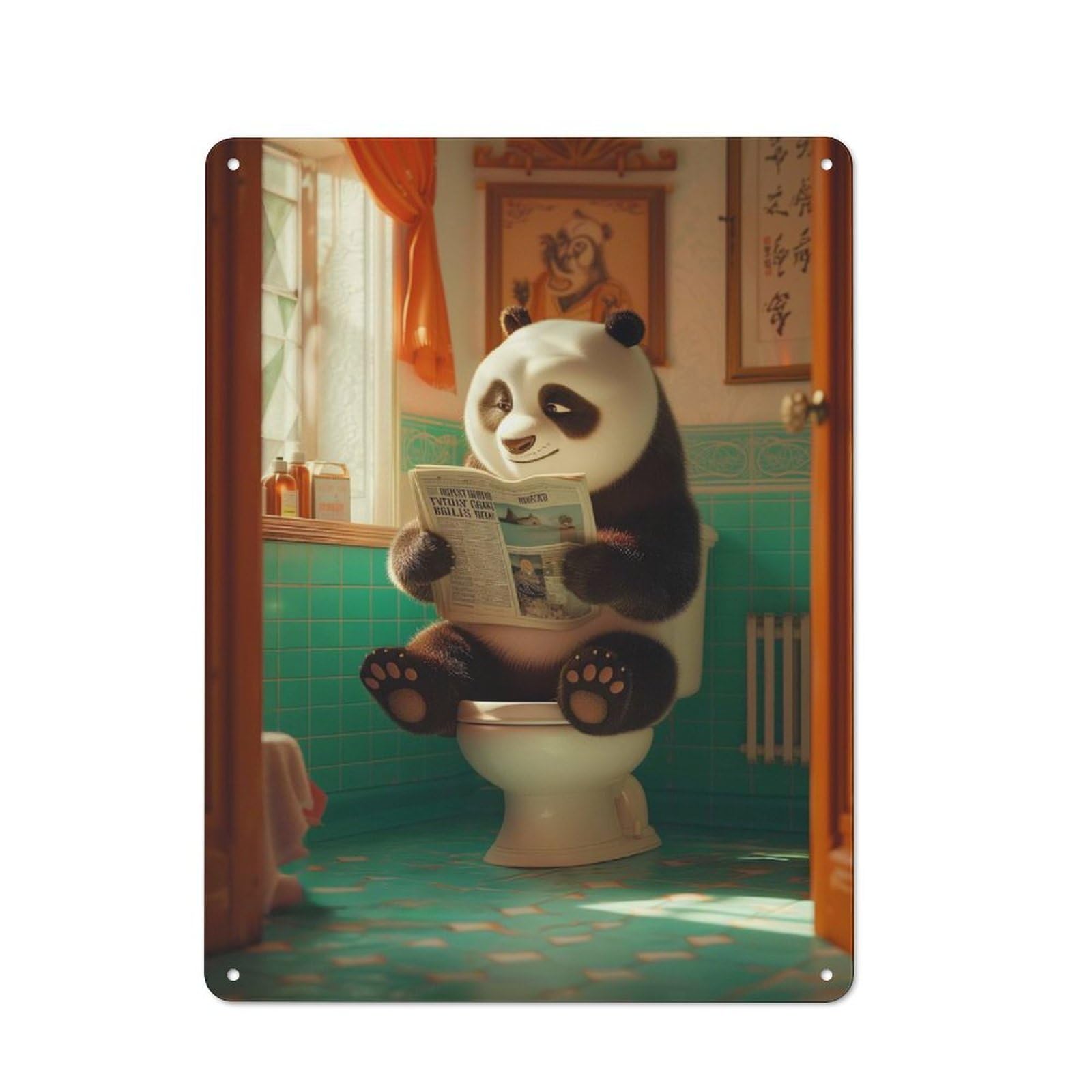Junmoney Panda Sitting On Toilet Tin Wall Plaque 40X30cm With For Café Or Restaurant, Suited To Restaurant Decor Fans