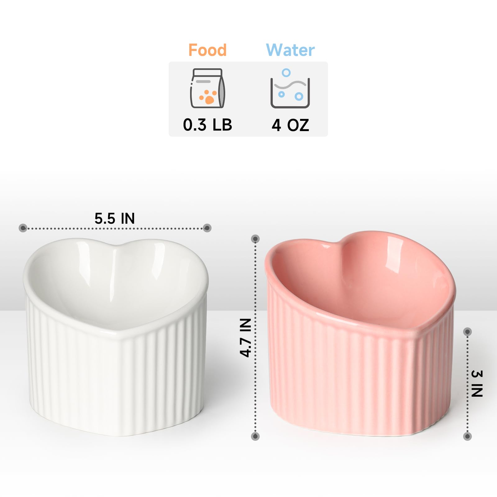 YauYik Tilted Raised Cat Bowls, Ceramic Elevated Food Water Bowls, Stress Free, Backflow Prevention, Dishwasher and Microwave Safe, Lead & Cadmium Free, 2 Pack (Pink+White)