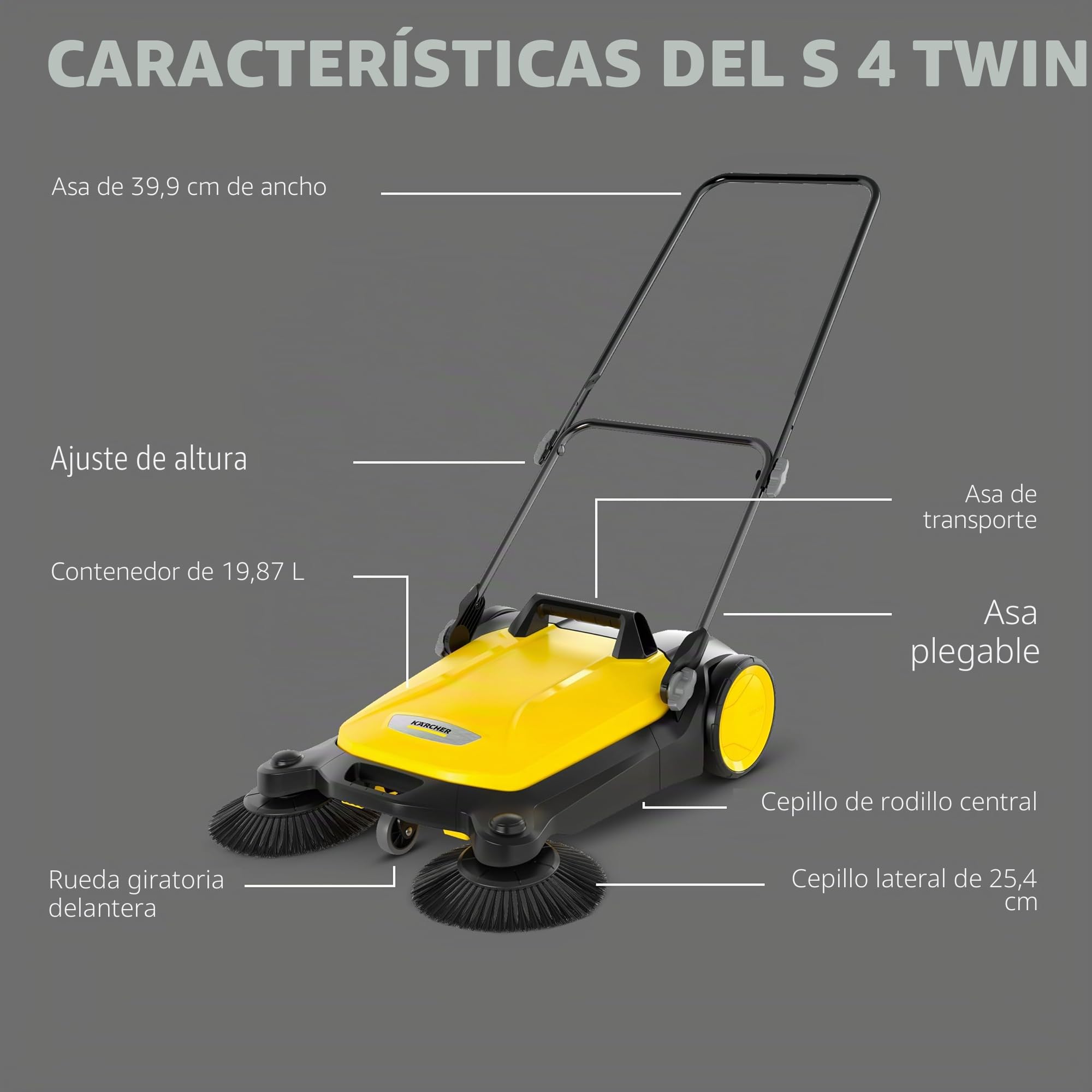 Karcher S 4 - Barredora de Piso de Empuje Manual para Exteriores, Capacidad de 5.25 galones, Ancho de Barrido de 26.8 Pulgadas, Barre 26,000 pies Cuadrados/Hora