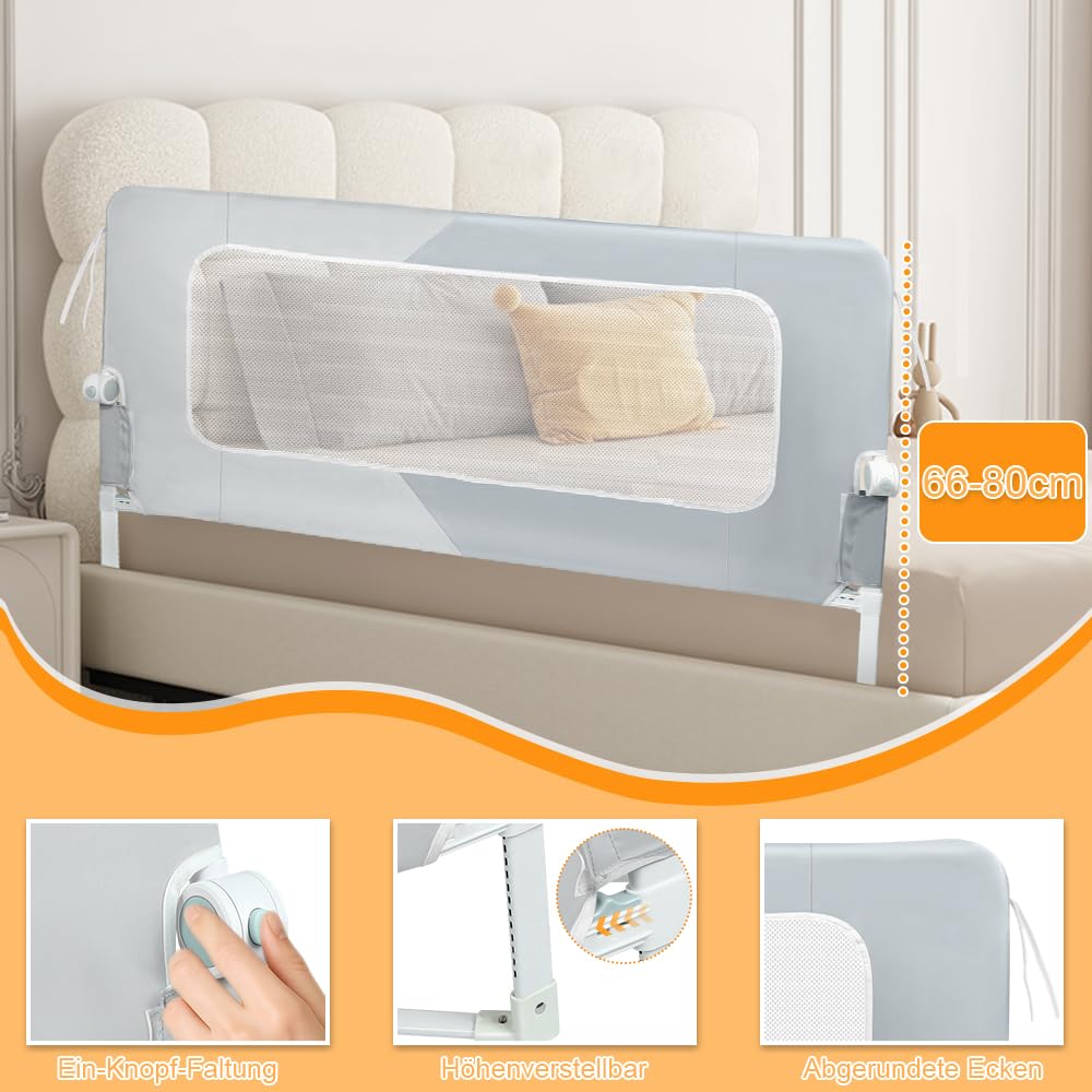 HUOLE Barriera per letto per tutti i piccoli, pieghevole e portatile, telaio in metallo anti-caduta regolabile in altezza, telaio in metallo robusto, 180 x 73 x 86 cm - Doppio pezzo Grigio