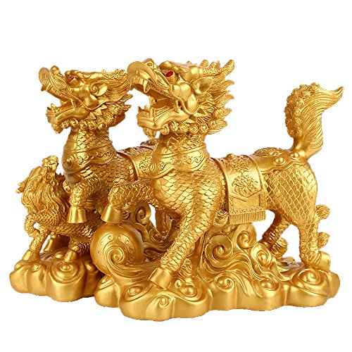 Bwinka 2 pezzi/coppia di statue cinesi dorate in resina Fengshui Chi Lin Kei Loon/Qi Lin Dragon Horses (Smail)