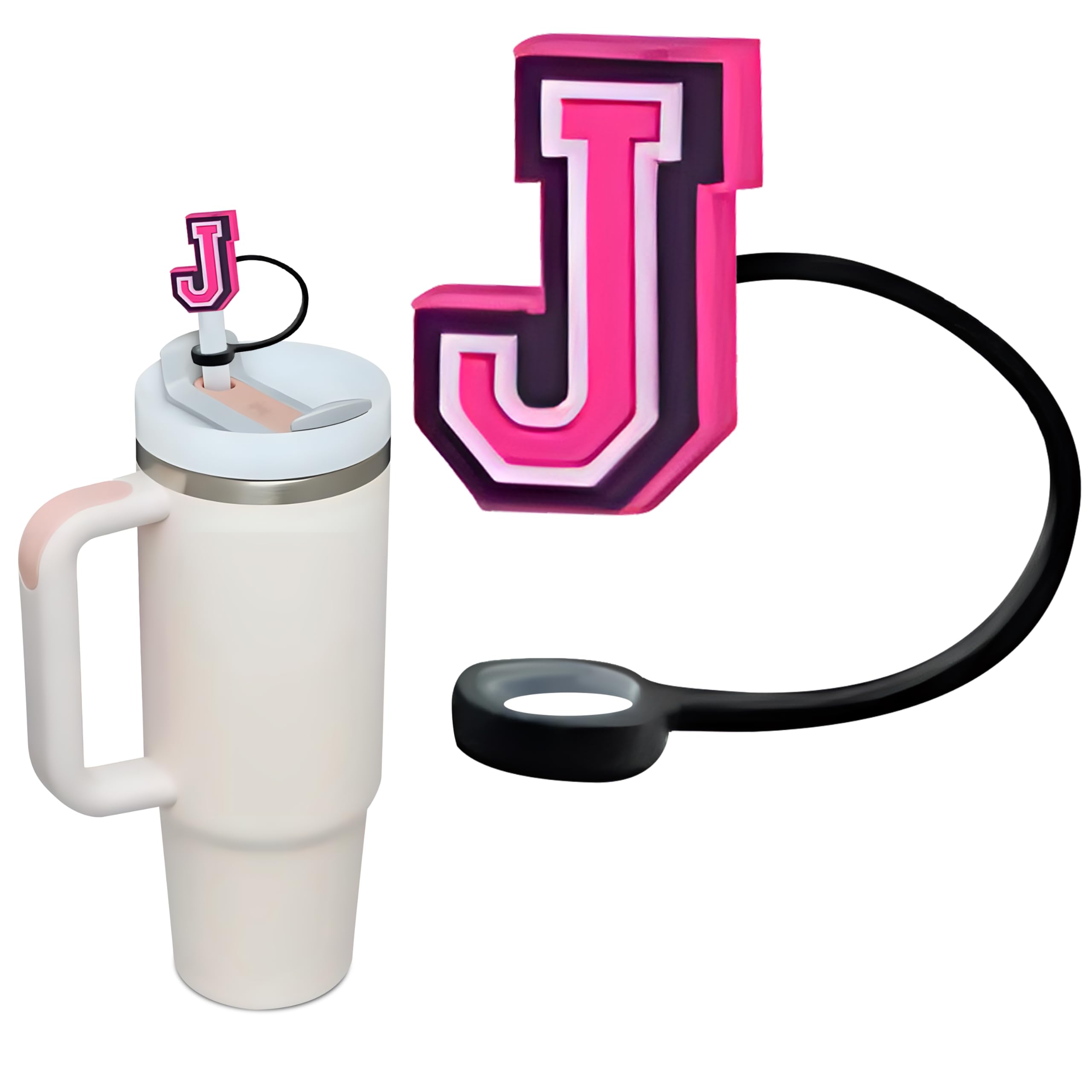 Letter Initial Silicone Straw Cover Topper Cap for Stanley Cup (Fits 30oz & 40oz) Personalized Name ID Identification Charm Accessories Fits 10mm Stanley Straw Tumbler (Pink, Letter J)