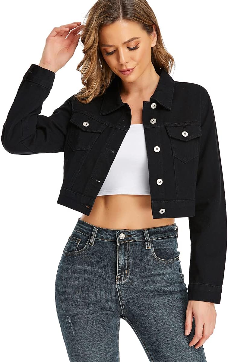 PEIQI Women’s Cropped Jean Denim Jacket Button Down Long Sleeve with Pockets - Image 2