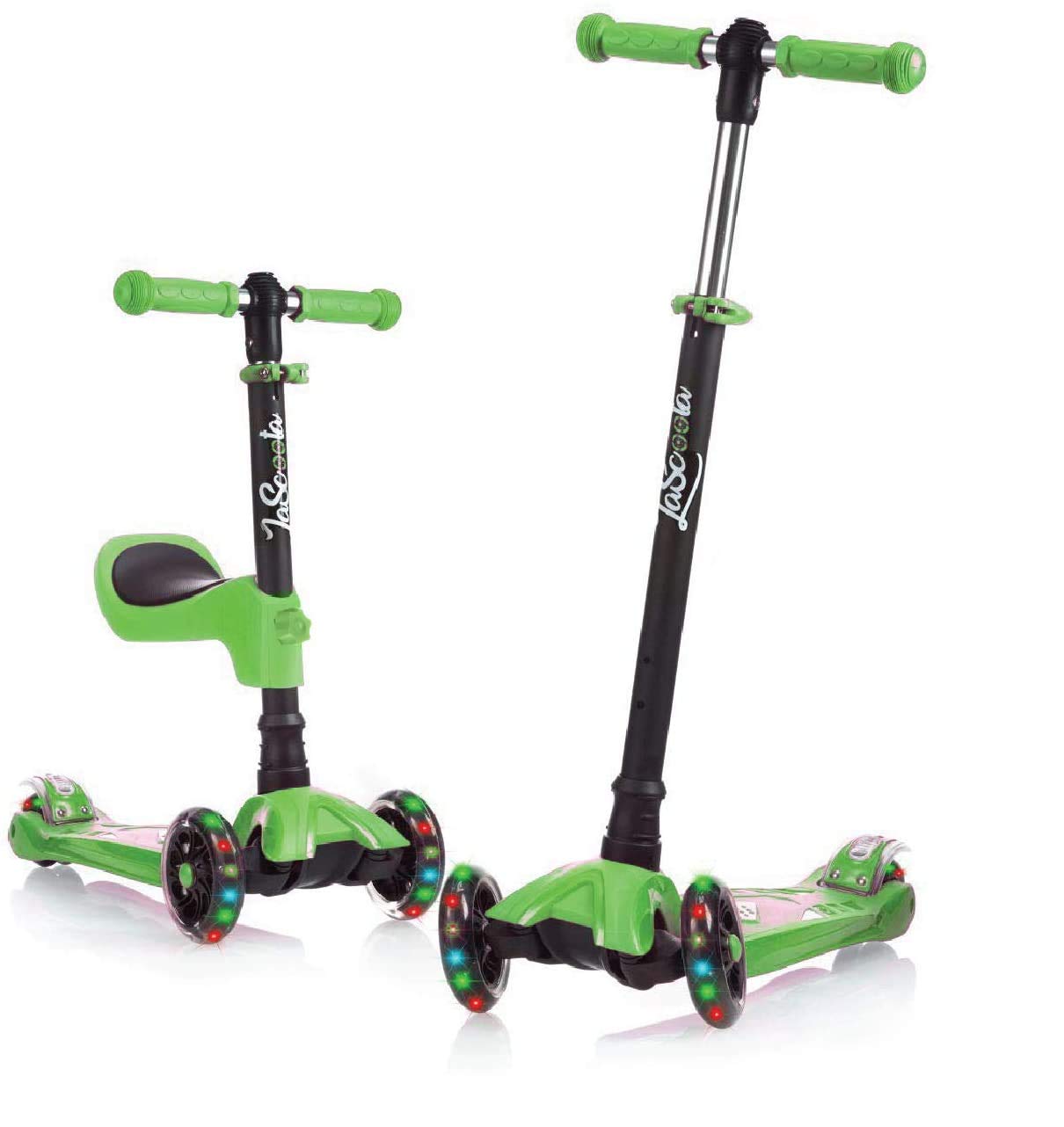 Lascoota Certified Kick Scooter for Kids 3-12 Years Old - 3 Wheel Adjustable Height Scooter w/Seat & Lighweight Extra-Wide Deck. LED Flashing Wheels. Great Gift & Toy for Toddlers. Anti-Slip & Seat