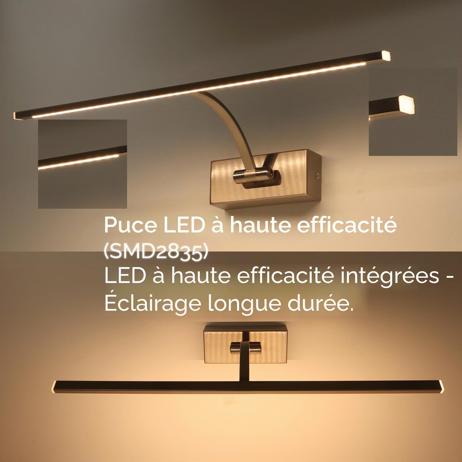 Alpinaluz Applique murale LED pour éclairage de tableaux, miroirs et meubles, 8 W, 45 cm, lumière chaude 2 700 K, angle réglable, acier avec finition nickel satiné, driver KGP intégré