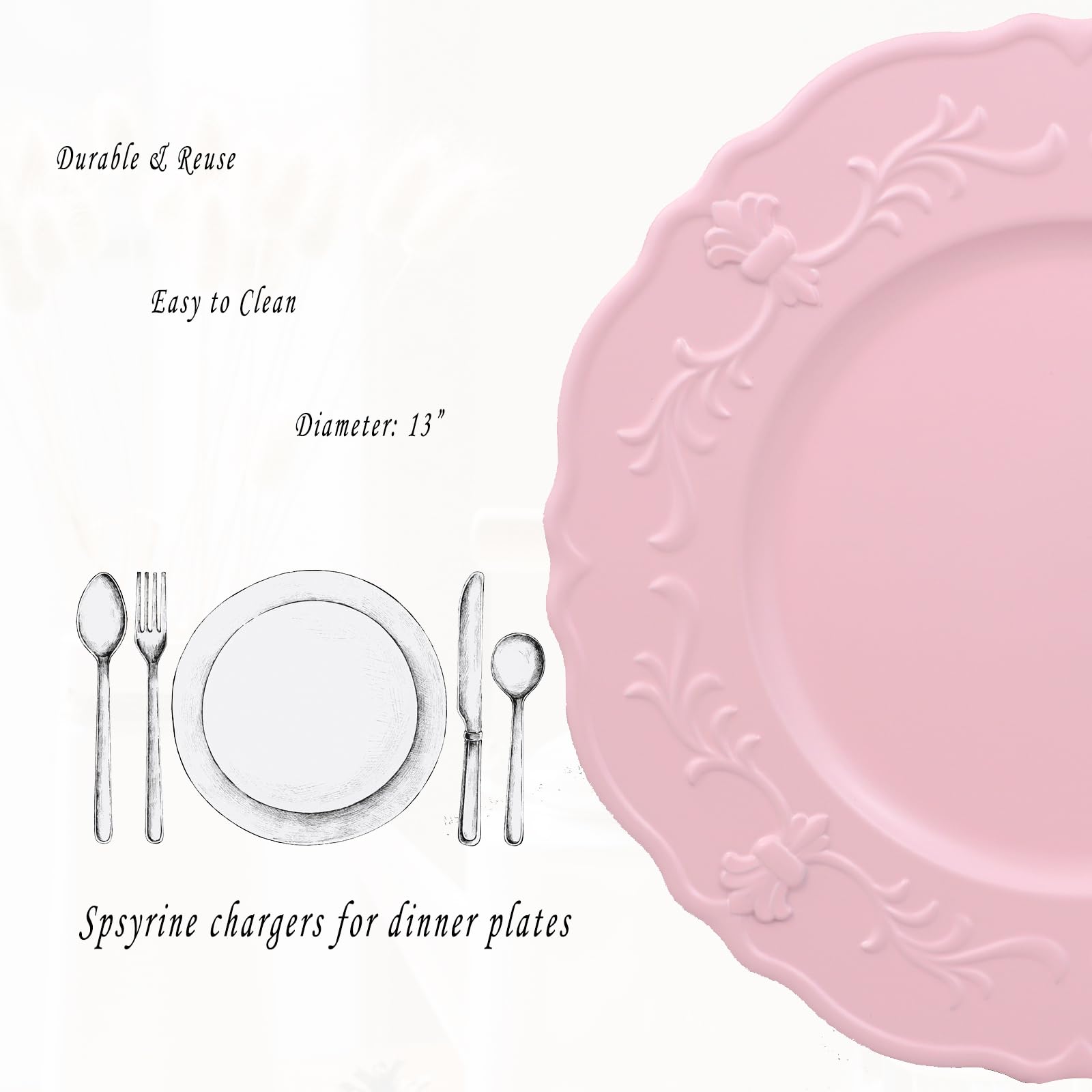 Spsyrine Pink Charger plates, 13 Inch Set of 6 Chargers for dinner plates, Serve ware Plate for Wedding Bulk, Parties, Christmas, Holiday Table Setting