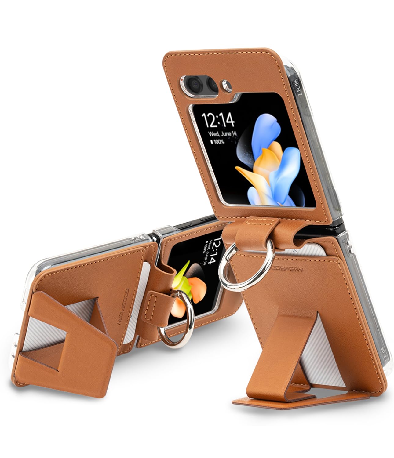 GOOSPERY EZ Mount Wallet Compatible with Samsung Galaxy Z Flip 5 Case, Card Holder Loopy Ring Adjustable Kickstand with Horizontal and/Vertical - Brown