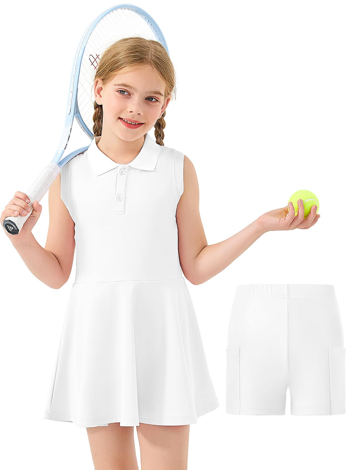 Mädchen Tenniskleid ärmellos Polokleid Sportkleid mit Hose und Taschen Tennis Golf Kleid für Sport Casual 5-15 Jahre