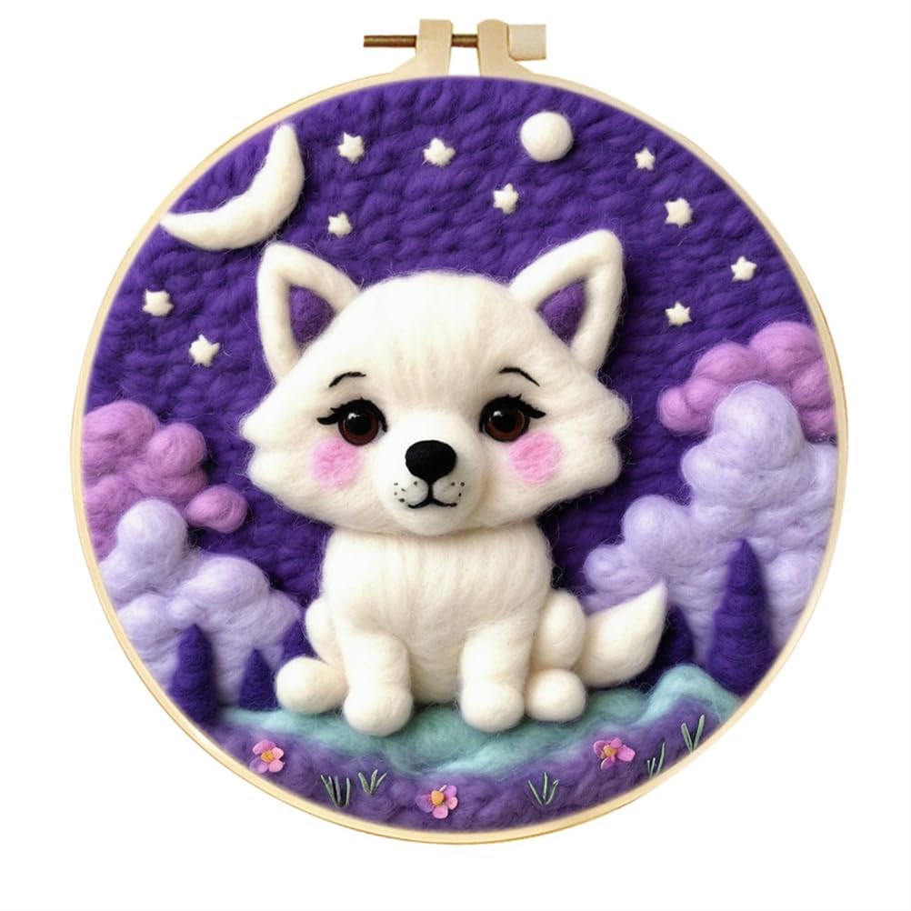 Meecaa DIY Needle Felting Kit for Beginners,White Fox Moon Animal Including Wool Felt Supplies, Embroidery Hoops,Beautiful Wool Painting and Needle Felting Tools (Arctic Fox)