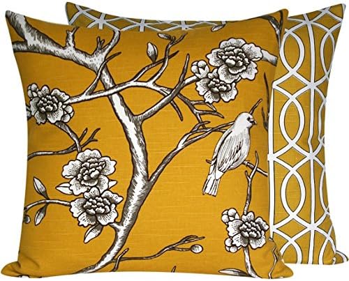 Chloe & Olive Autumn Light Collection Geometric Floral Bird Decorative Pillow Cover, 20-Inch, Yellow