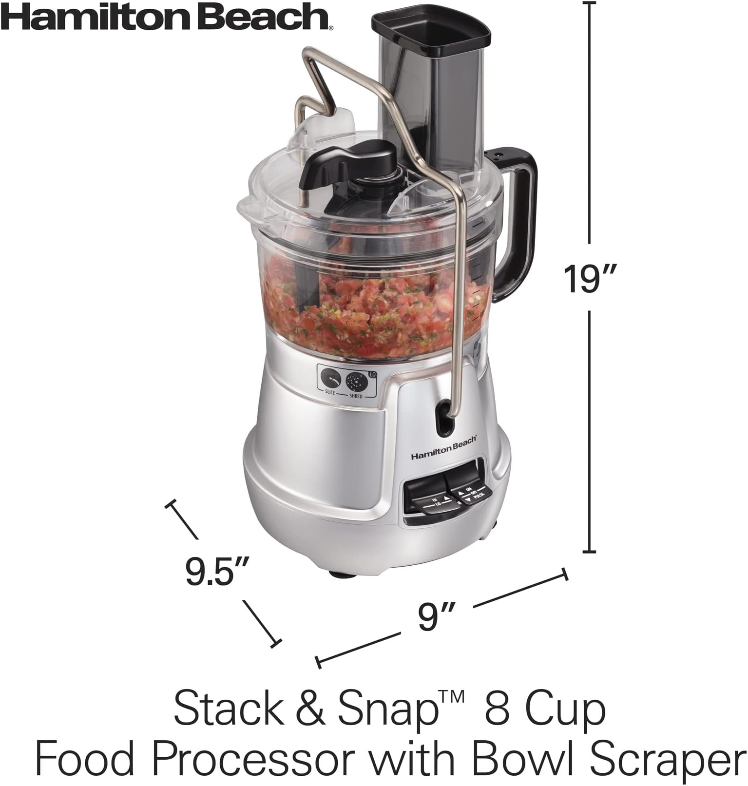 Hamilton Beach Stack & Snap 8-Cup Food Processor & Vegetable Chopper with Adjustable Slicing Blade, Built-in Bowl Sc & Storage Case, Silver (70820)