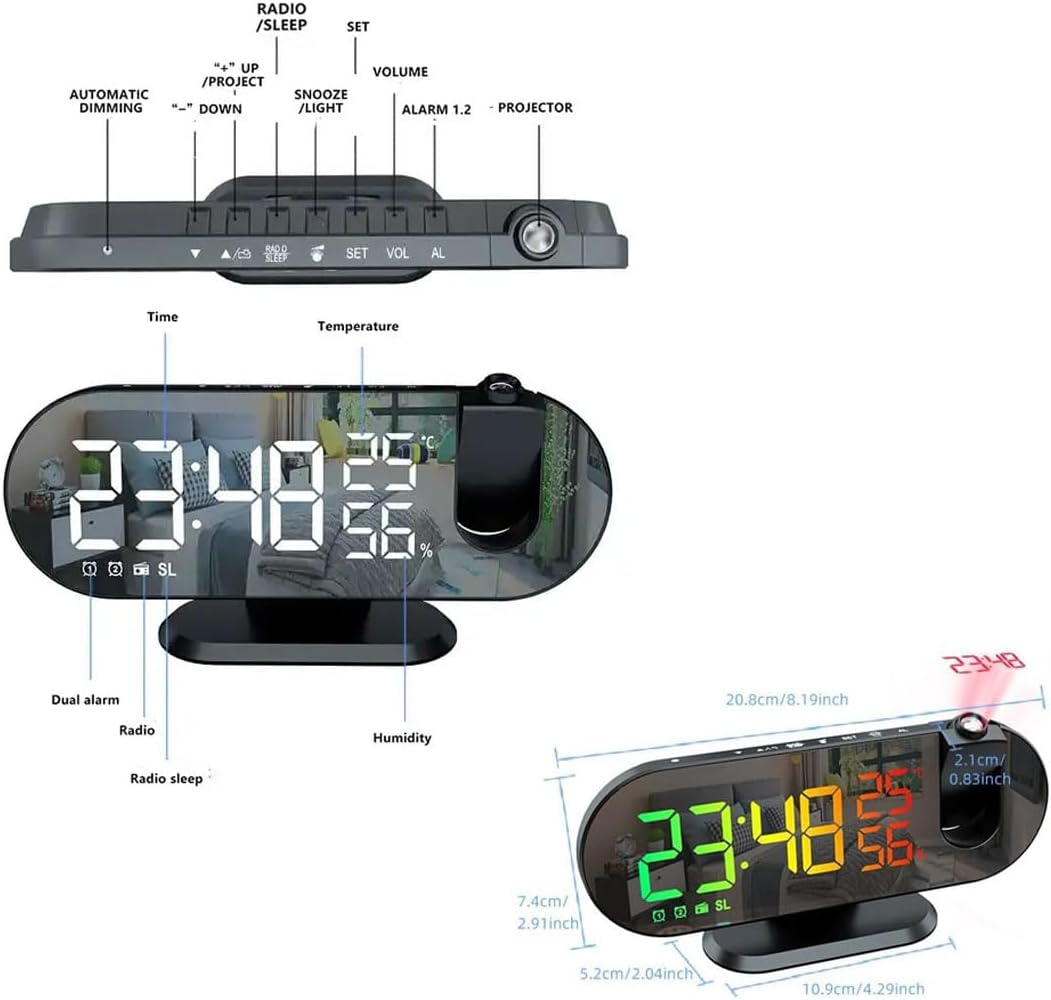 Projection Alarm Clock, 180° Rotatable Projector RGB Clock, Led Digital Temperature Humidity Monitor with Radio, Snooze, 4-Level Dimmer, 12/24H, USB Charger Clock for Bed-White