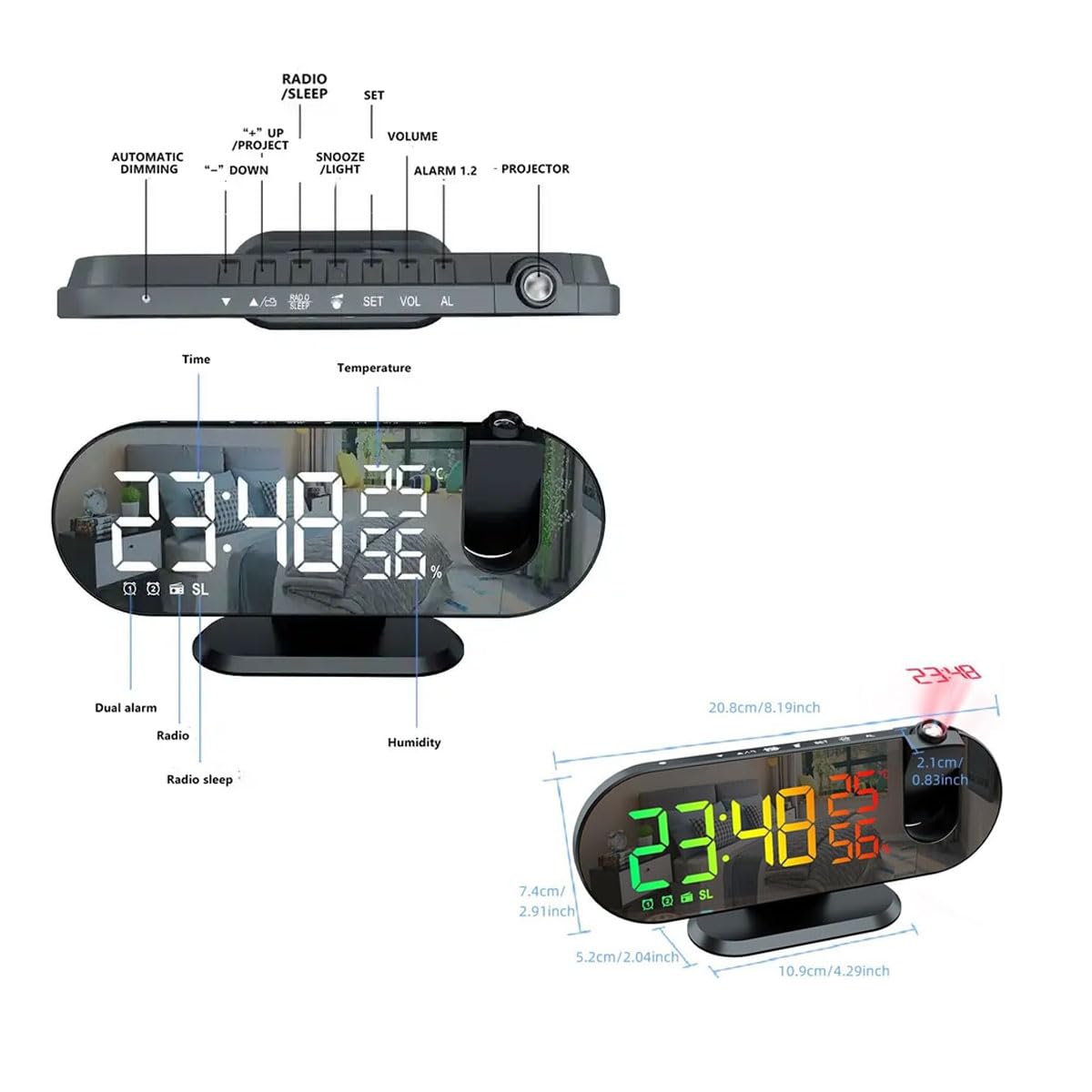 Projektionswecker, um 180° drehbare Projektor-RGB-Uhr, LED-Digital-Temperatur-Feuchtigkeitsmonitor mit Radio, Schlummerfunktion, 4-Stufen-Dimmer, 12/24 Stunden, USB-Ladeuhr für Schlafzimmer