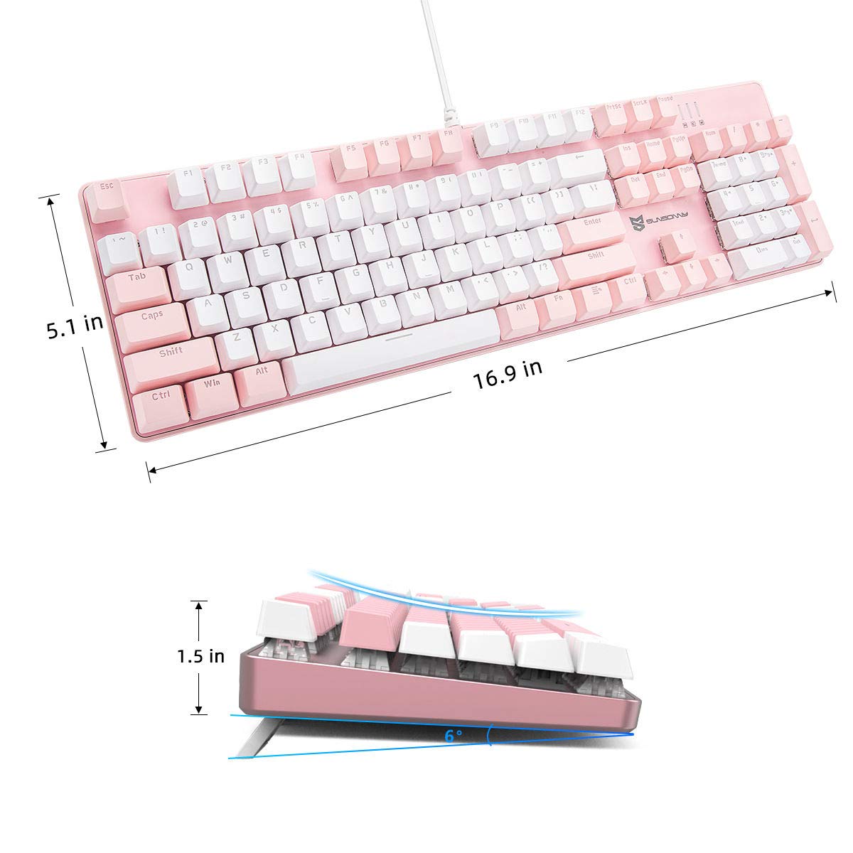 Qisan Clavier de jeu mécanique filaire - Rétroéclairage LED rose et blanc - 104 touches - Disposition américaine - Avec interrupteur amovible - Marron