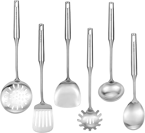 Juego de utensilios de cocina de acero inoxidable 188, 6 piezas de utensilios de cocina de metal de 15 pulgadas con espátula, cucharón profundo,