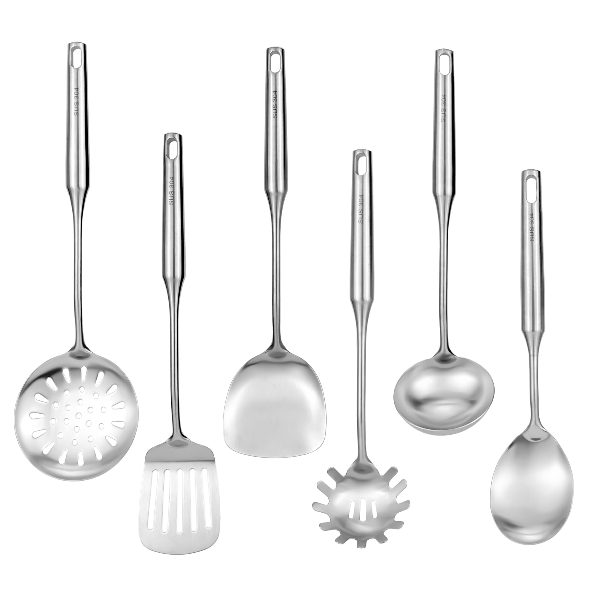 Juego de utensilios de cocina de acero inoxidable 18/8, 6 piezas de 15 pulgadas de largo, juego de utensilios de cocina de metal con espátula, cucharón profundo, cuchara, skimmer, servidor de pasta,
