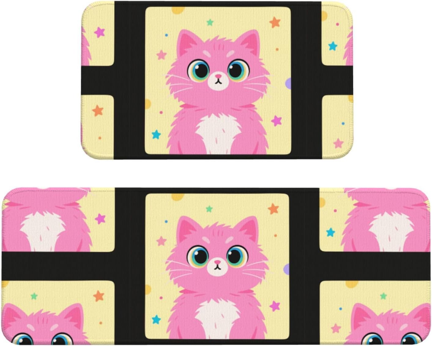 Pink cat Kitchen Rugs Set of 2, Cushioned Anti-Fatigue Kitchen Mats for Floor, Waterproof Comfort Standing Mat Absorbent Velvet Kitchen Runner Rugs 17"x30"+17"x47"