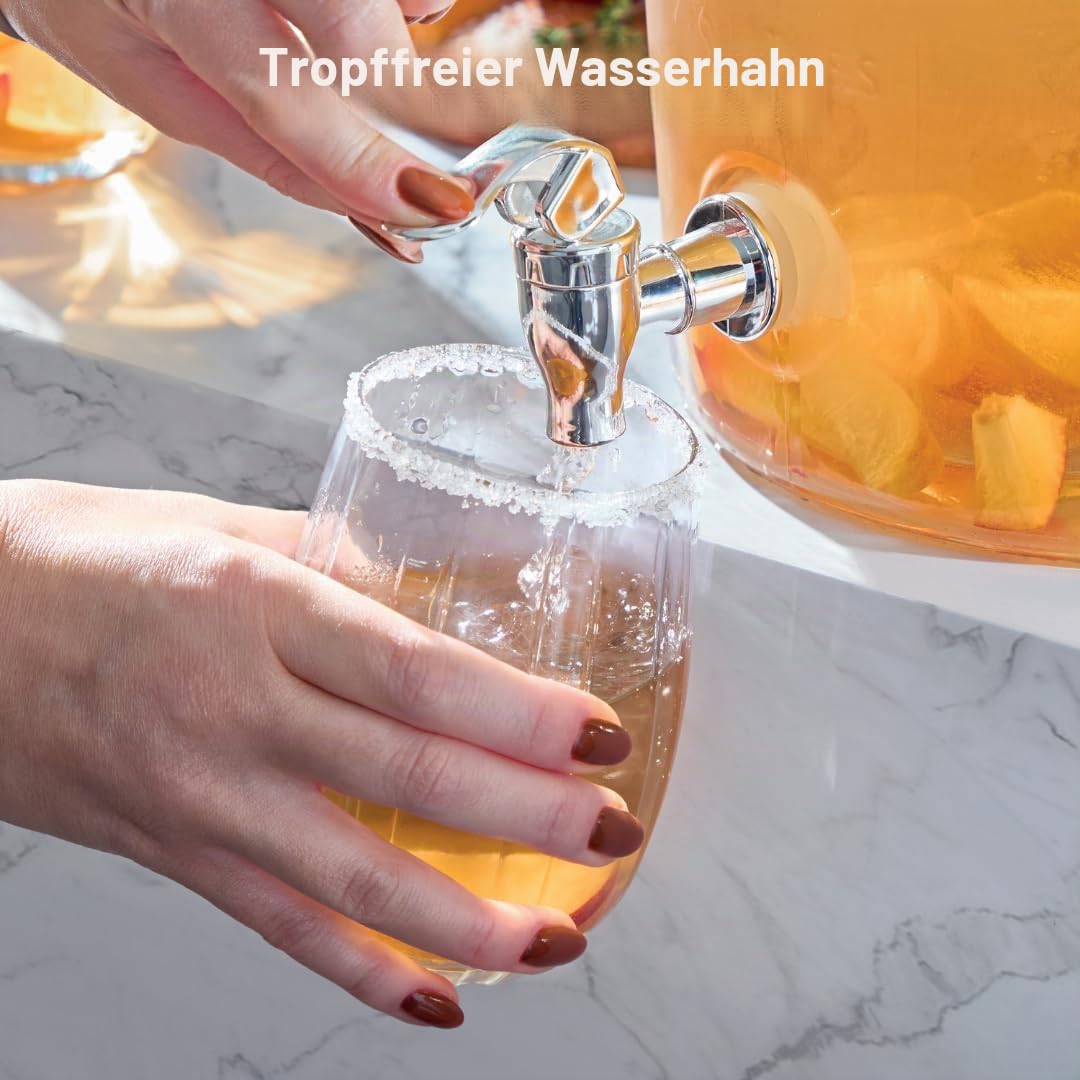 Getränkespender aus Glas mit Zapfhahn, 7.6 Liter Fassungsvermögen, sicherer Schraubdeckel, breiter Flaschenhals/Retro Glas Design, perfekt für Wasser, Saft, Cocktails & mehr