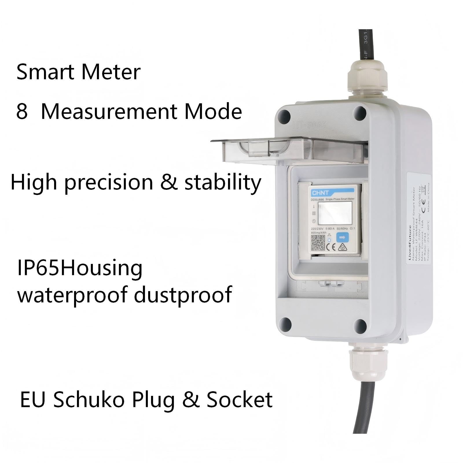 Contatore elettrico mobile (CHINT DDSU666) - alloggiamento IP65, spina Schuko IP44 e accoppiamento, contatore per camper, veicoli elettrici e impianti fotovoltaici da balcone