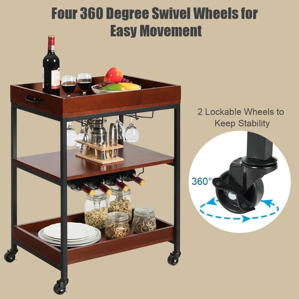 Magazzinaggio Carrello carrello a 3 livelli, bar cucina ad isola con portabicchieri e portabottiglie, mobili da