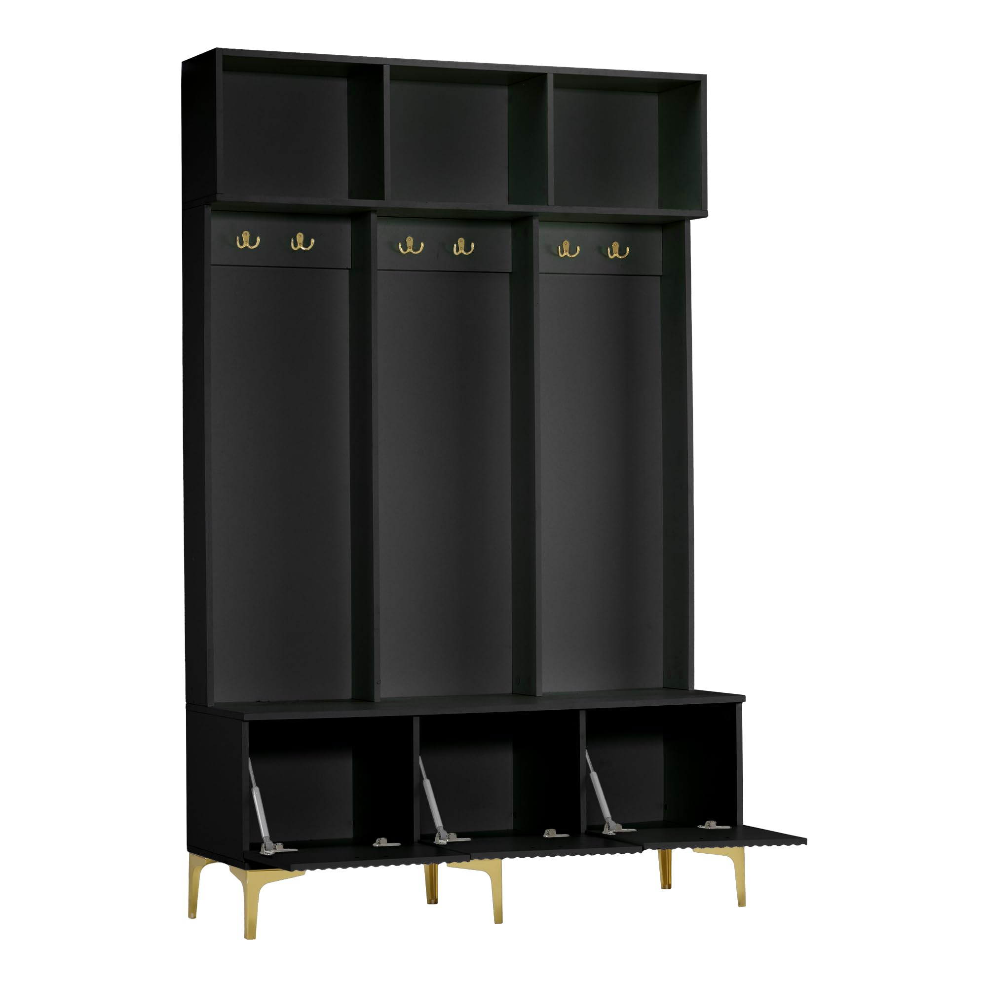 Ymkua Garderobenset Wandgarderobe, Flurgarderobe Set mit offene Aufbewahrung, Garderoben Set mit 6 Goldene Haken und Türen, Kompaktgarderobe, Wandgarderobe, B120/D23.5/H191.5 cm (Schwarz)