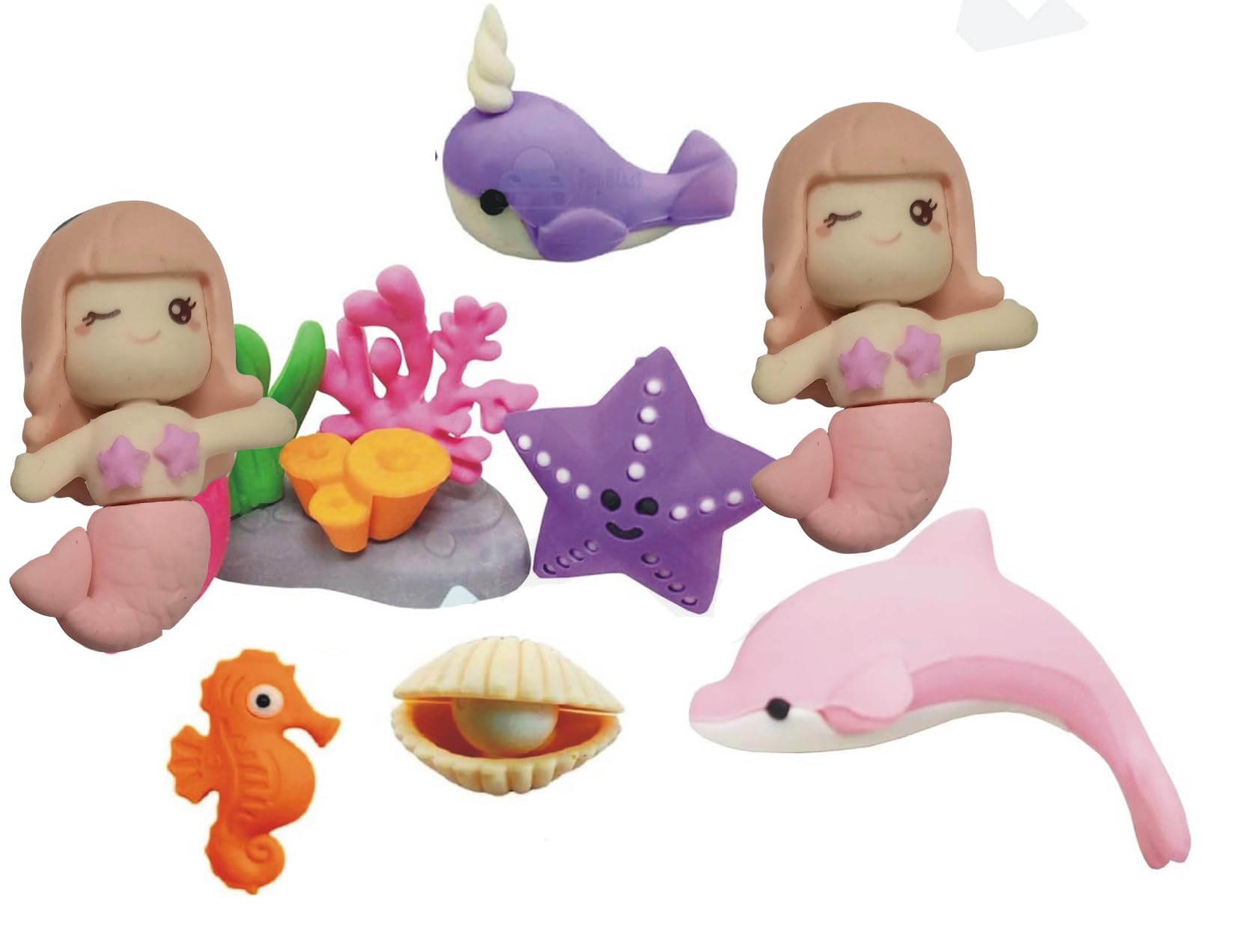BKDT Marketing Mermaid & Ocean Animal Erasers- School Stationary Kit for Kids, Return Gifts for Kids- Mermaid Playset Erasers, Birthday Return Gift - 8 Pcs