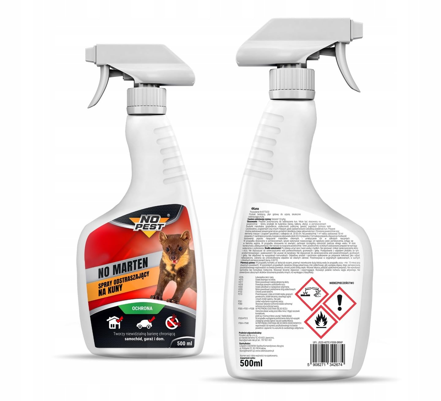 NO MARTEN Spray 500 ml – Spray contro martore – Protezione efficace per martore per auto, garage e casa – Barriera protettiva invisibile – Pronto all'uso