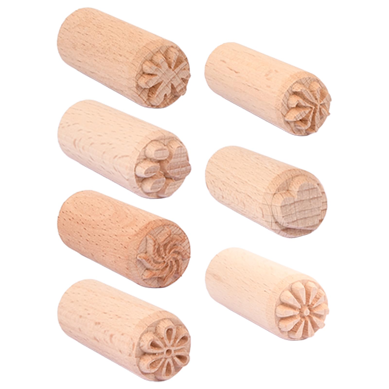 7-delige Houten Stempelset – Rond, Voor Klei, Keramiek, Kaarten En Textiel – Met Bloem, Pootafdruk, Esdoornblad En Hart – 5x2 Cm, Natuurlijk Hout