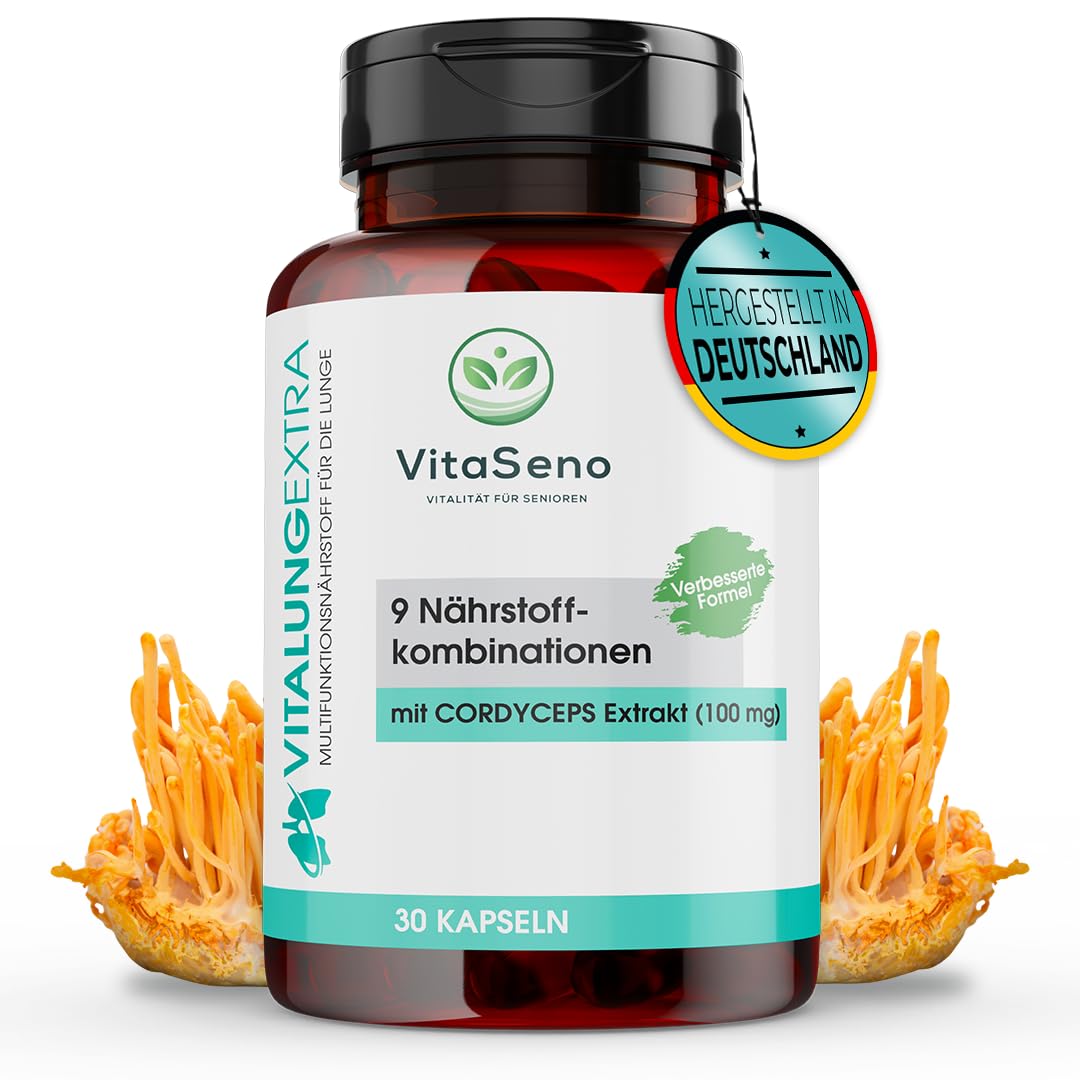 VitalungExtra Lungenkraut-Extrakt mit 50 mg Cordyceps und Thymian – hochdosiert & vegan für die Lunge – Vitamin A, C, E & B6 – Chinesischer Vitalpilz & Atem-Komplex (30 Kapseln)